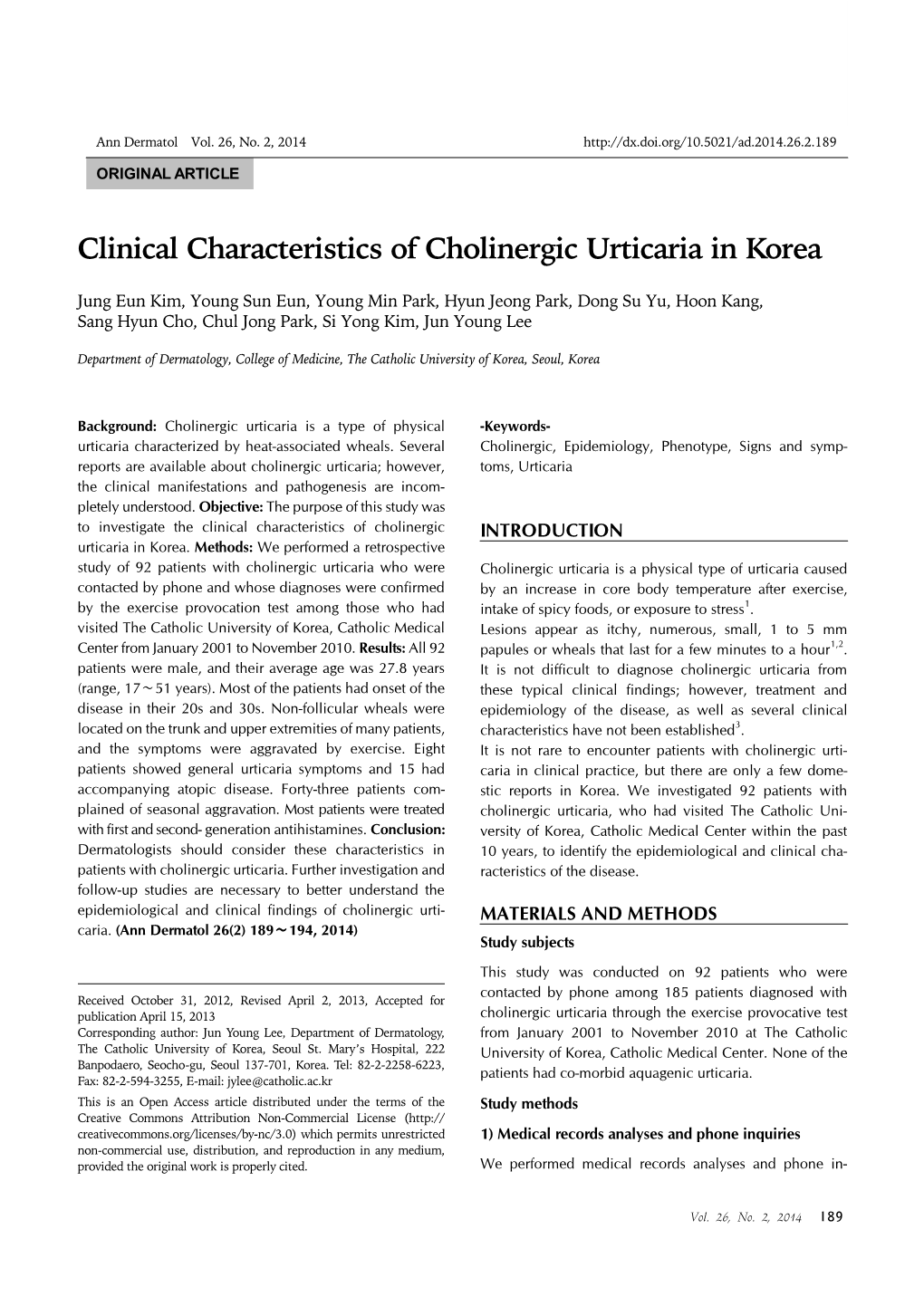 Clinical Characteristics of Cholinergic Urticaria in Korea