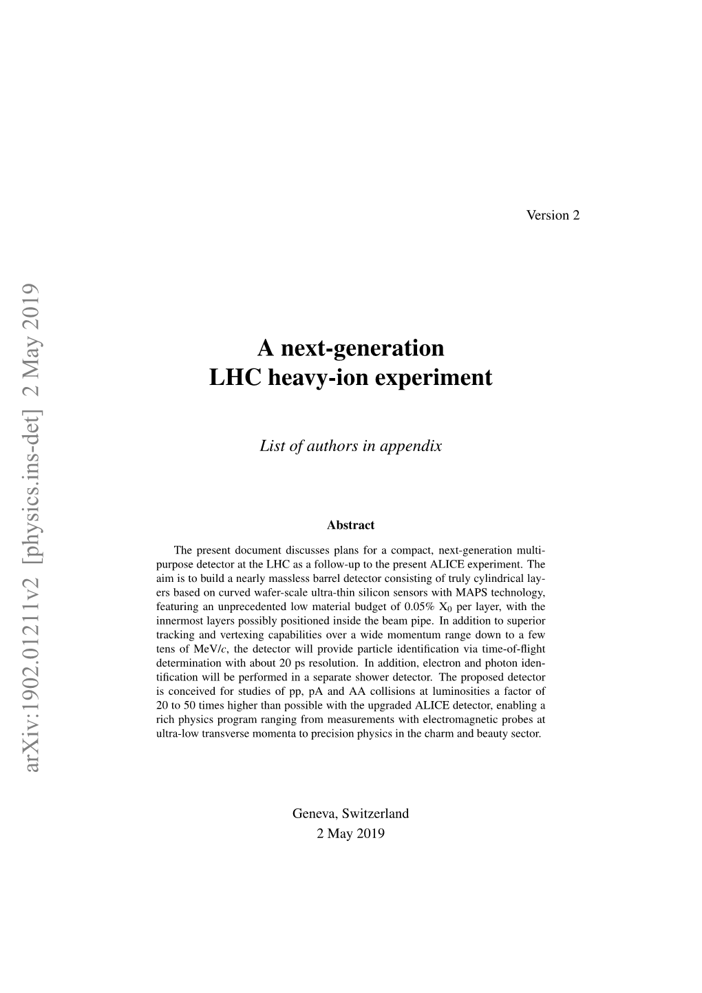 A Next-Generation LHC Heavy-Ion Experiment Arxiv:1902.01211V2 [Physics.Ins-Det] 2 May 2019