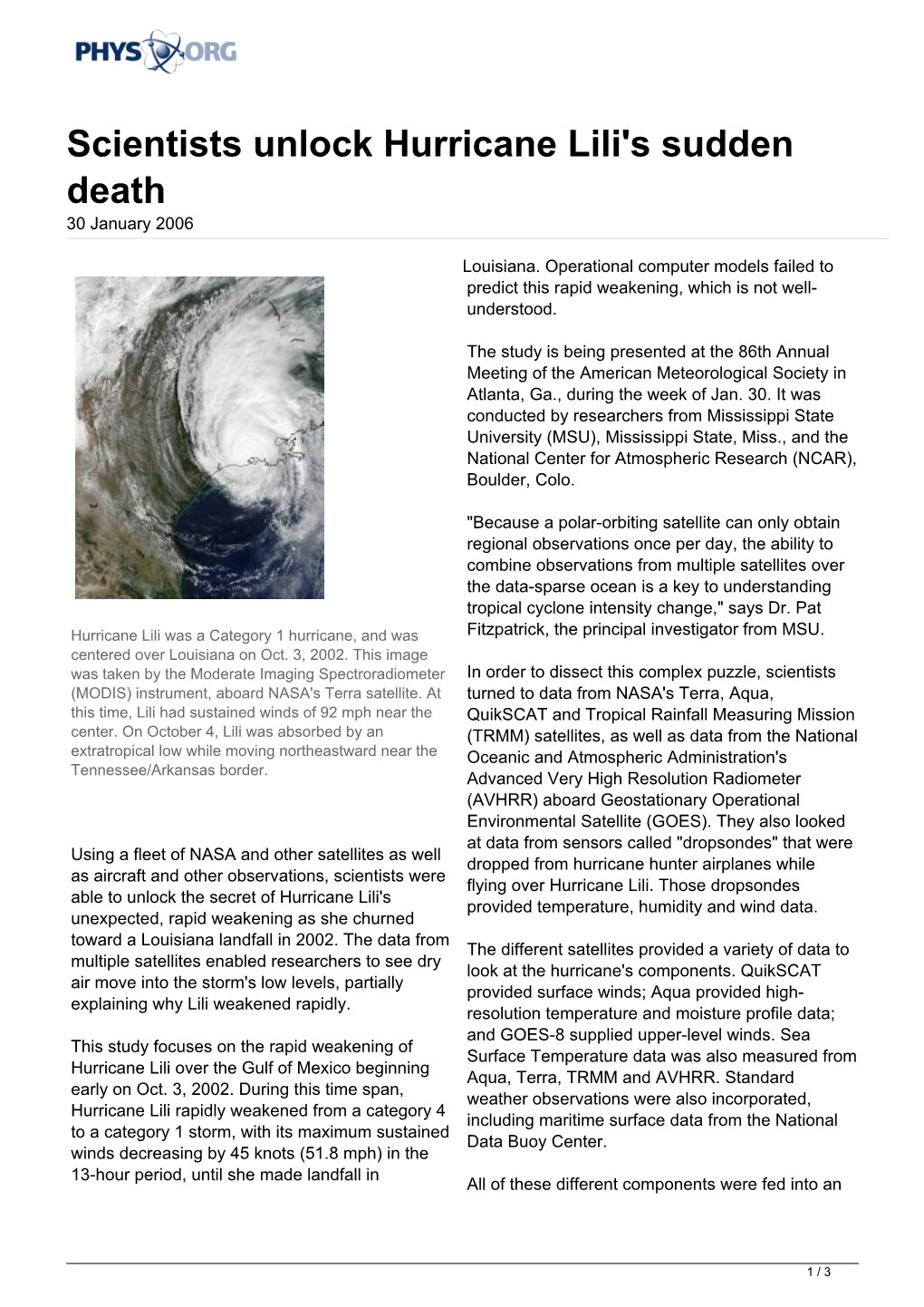 Scientists Unlock Hurricane Lili's Sudden Death 30 January 2006