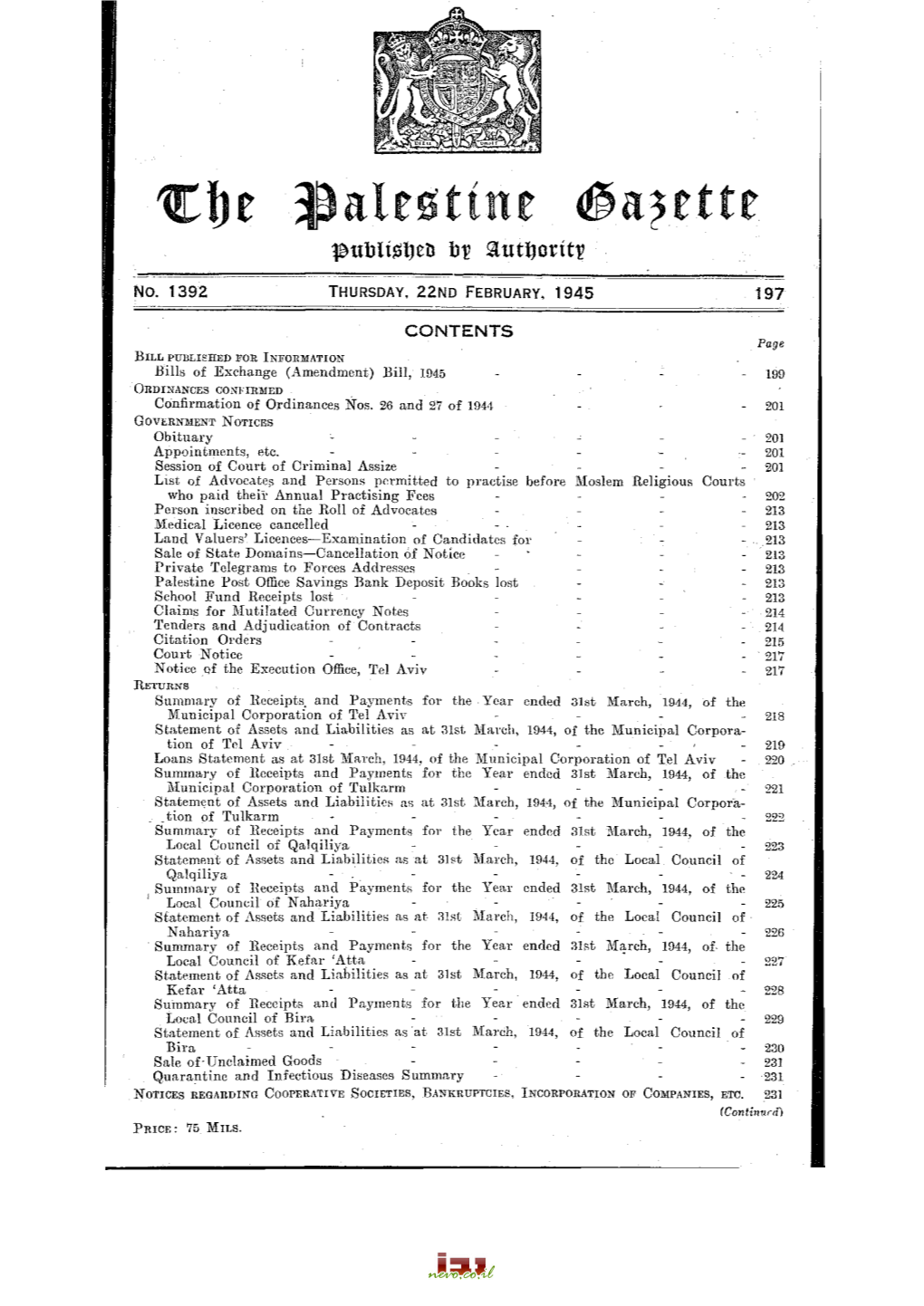 No. 1392 Thursday, 22Nd February, 1945 197 CONTENTS