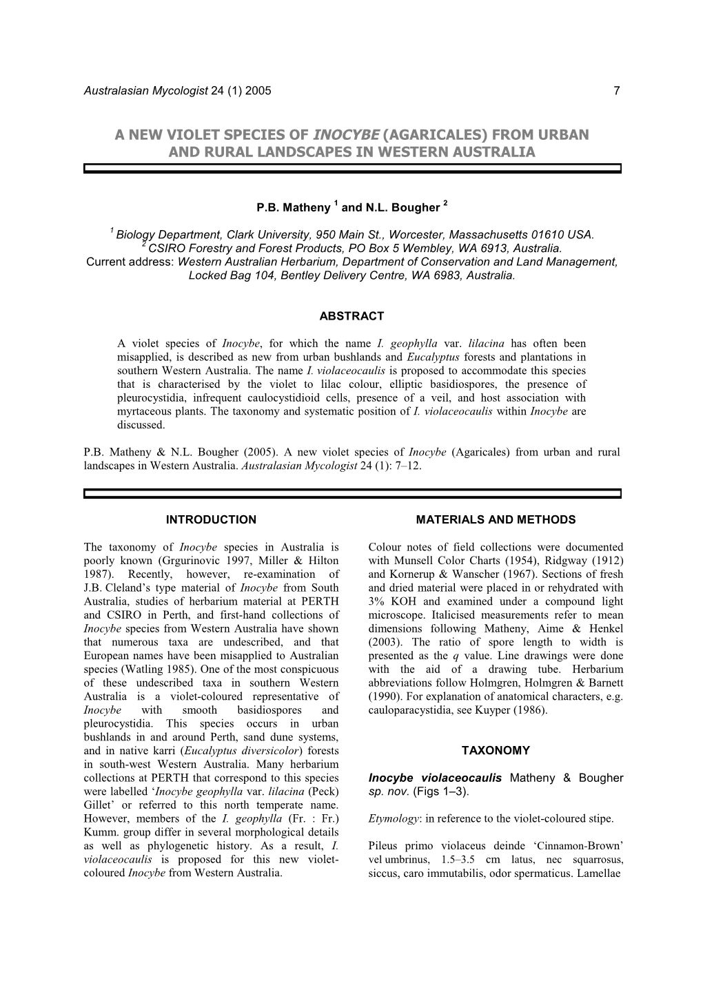 A New Violet Species of Inocybe (Agaricales) from Urban and Rural Landscapes in Western Australia