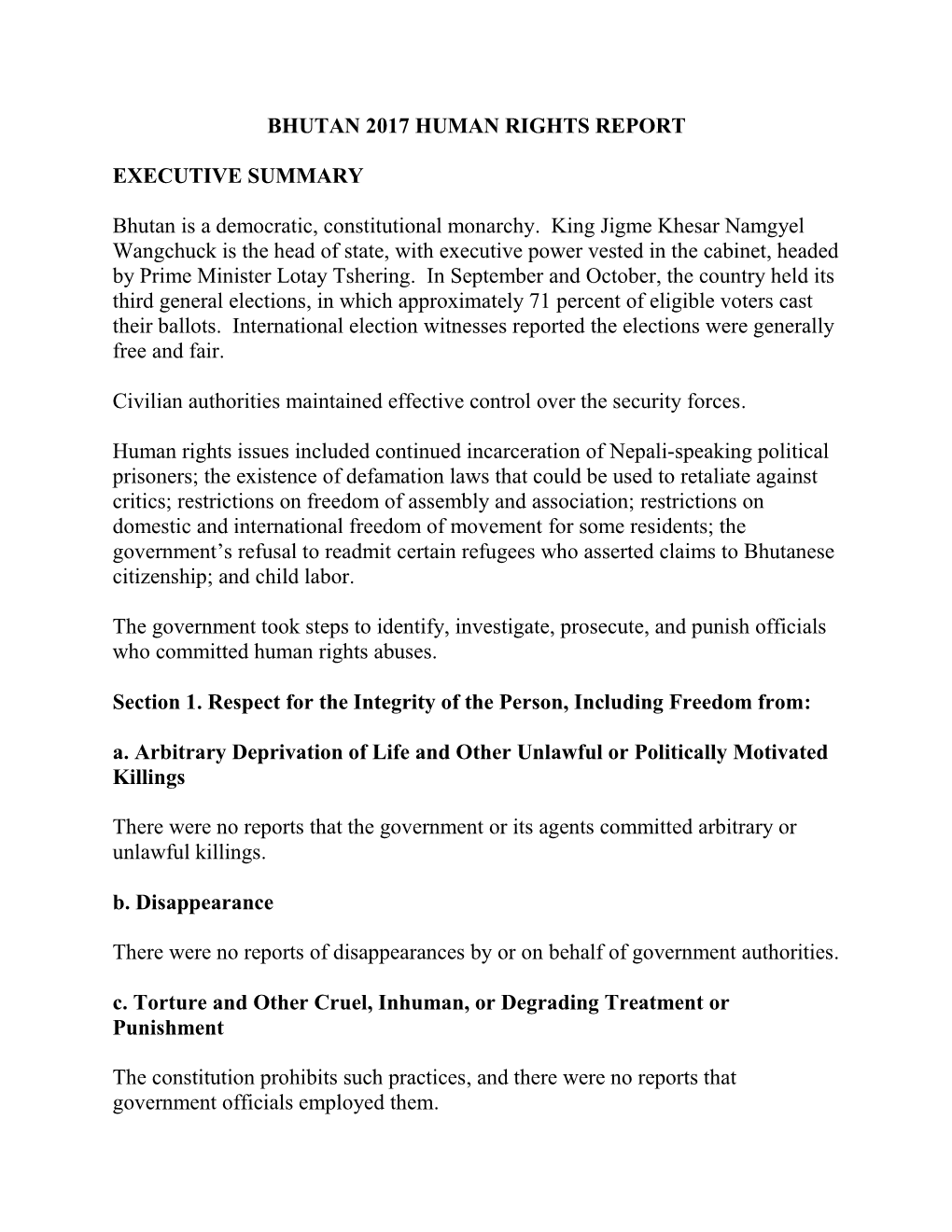 Bhutan 2018 Human Rights Report