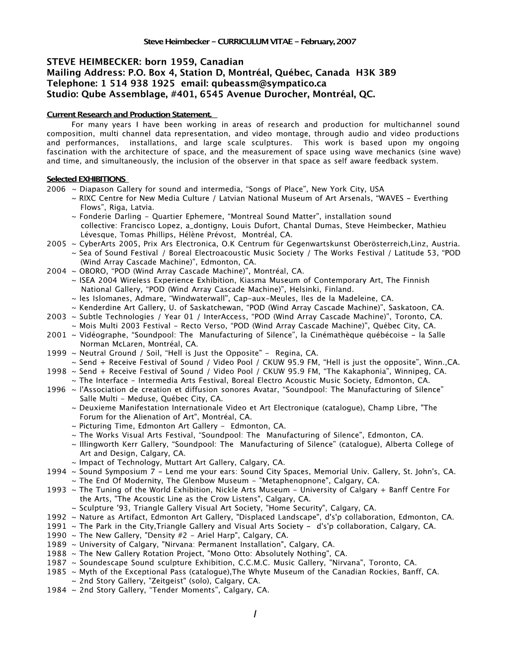 Steve Heimbecker - CURRICULUM VITAE - February, 2007