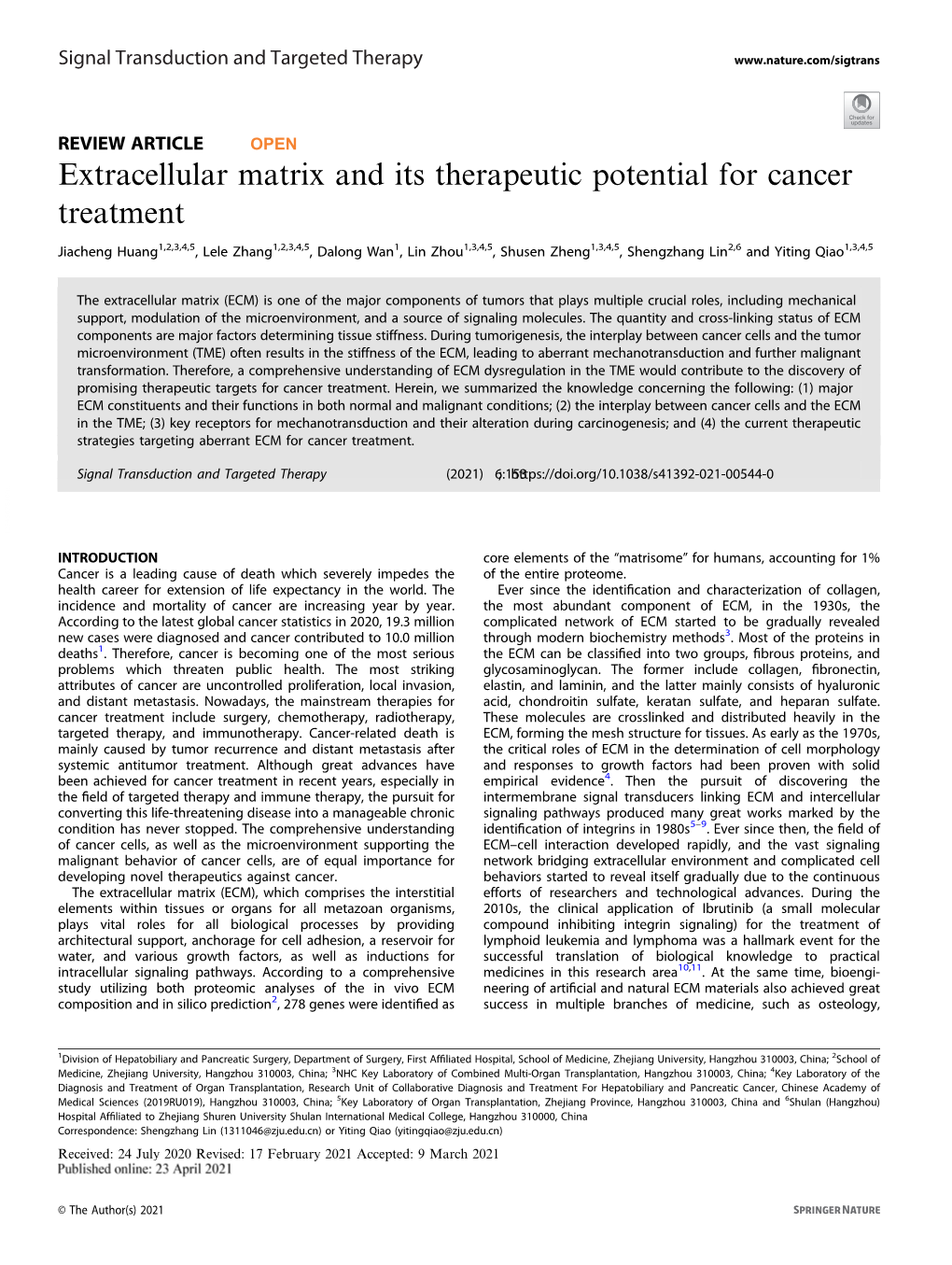 Extracellular Matrix and Its Therapeutic Potential for Cancer Treatment