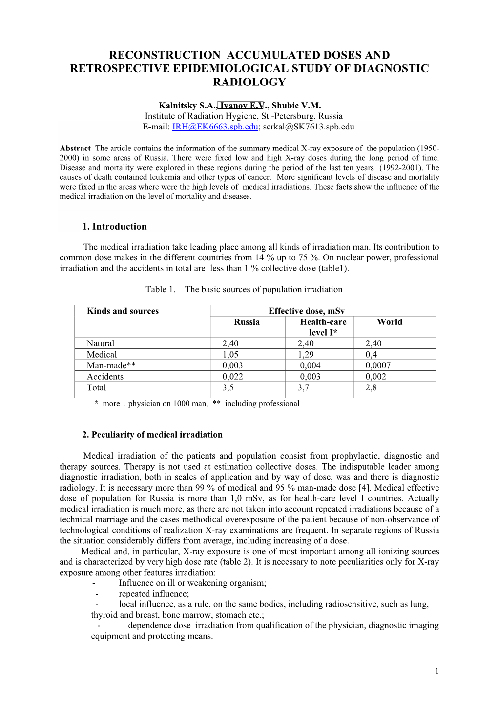 Reconstruction Accumulated Doses and Retrospective Epidemiological Study of Diagnostic Radiology