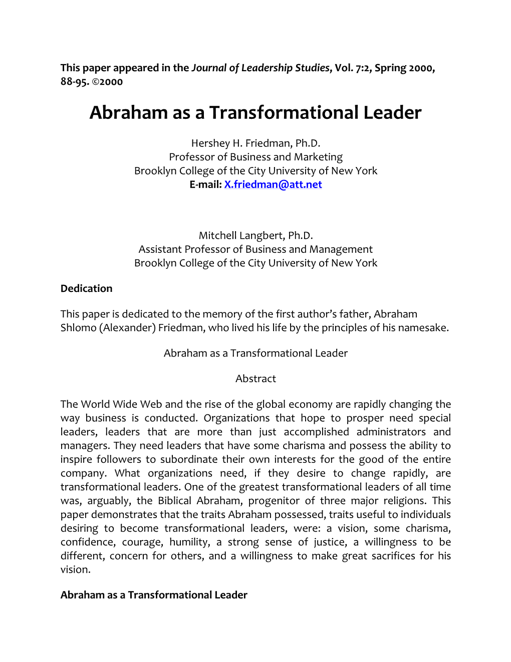 Abraham As a Transformational Leader