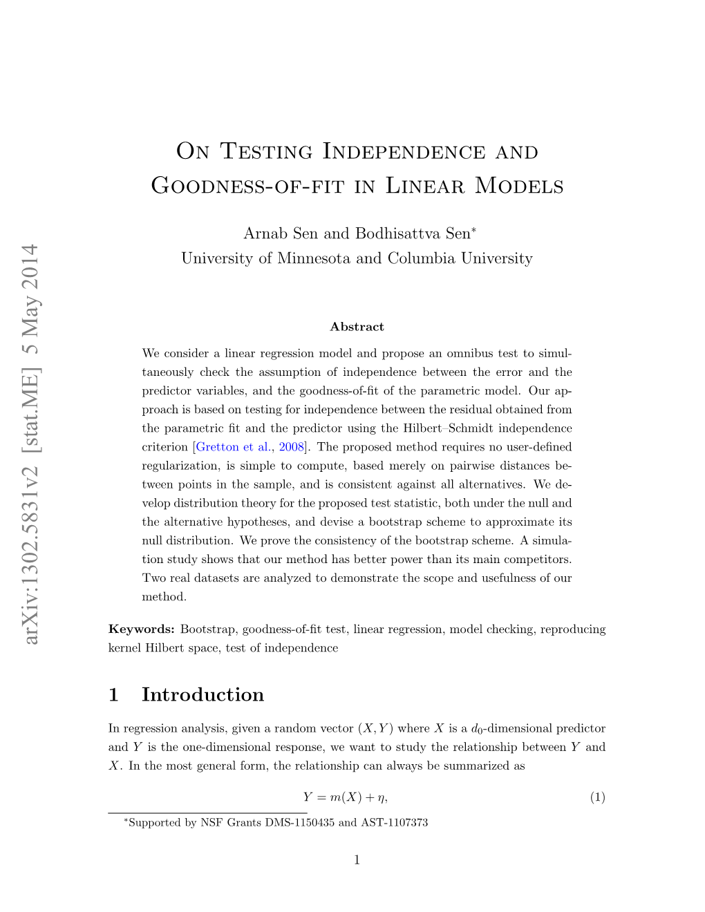On Testing Independence and Goodness-Of-Fit in Linear Models