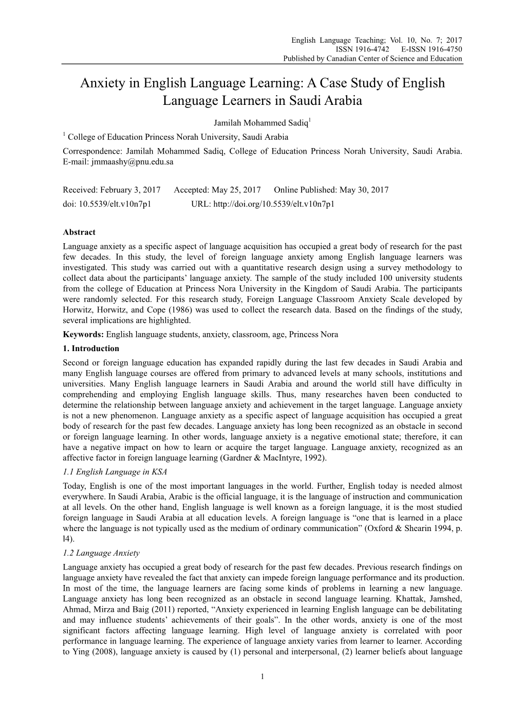 Anxiety in English Language Learning: a Case Study of English Language Learners in Saudi Arabia