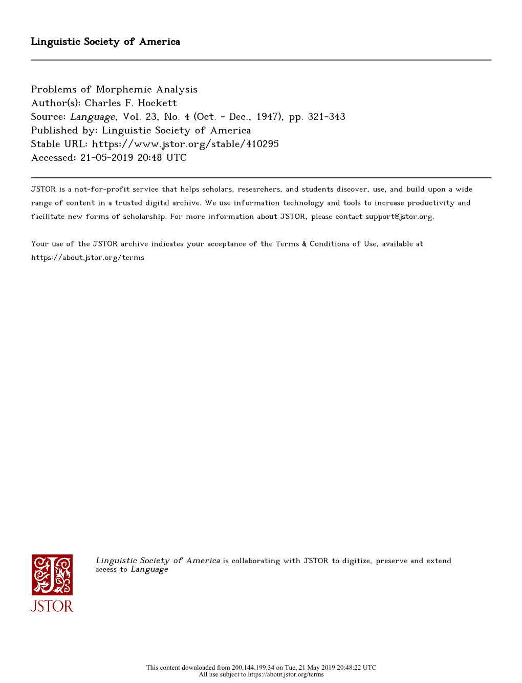 Problems of Morphemic Analysis Author(S): Charles F