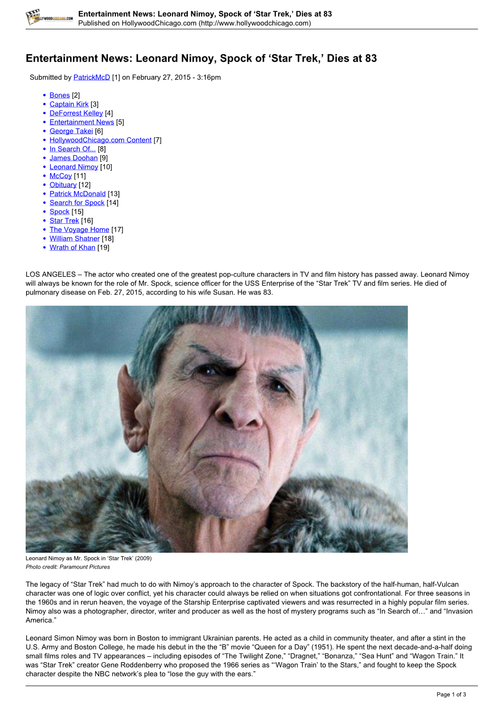 Leonard Nimoy, Spock of 'Star Trek,'