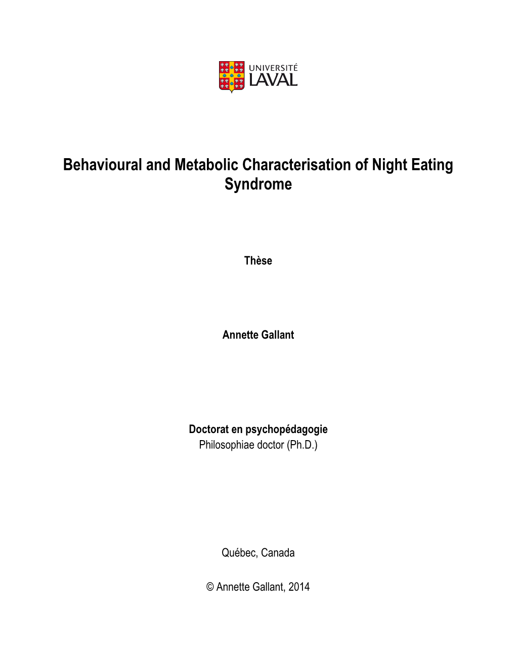 Behavioural and Metabolic Characterisation of Night Eating Syndrome