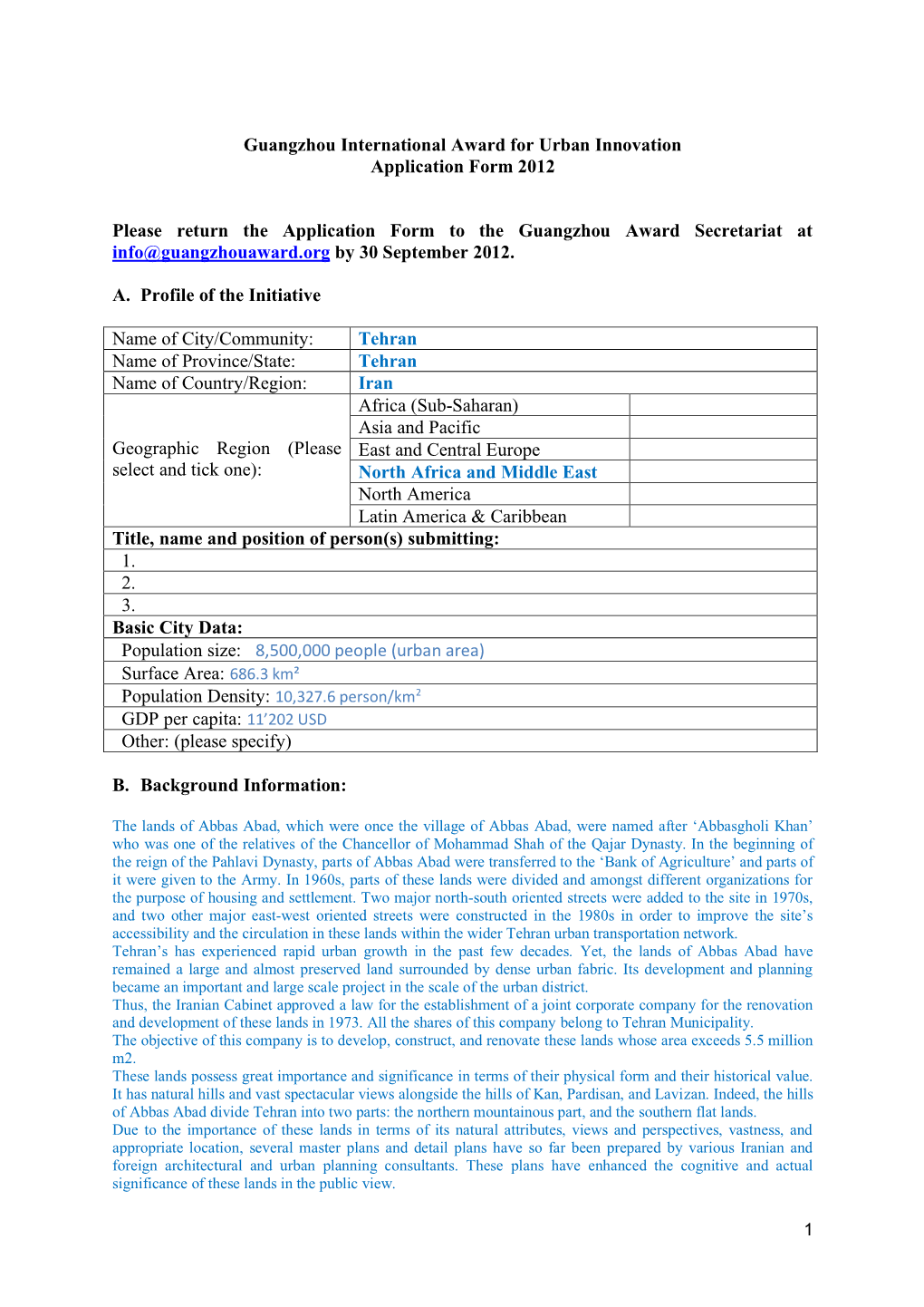 Guangzhou International Award for Urban Innovation Application Form 2012