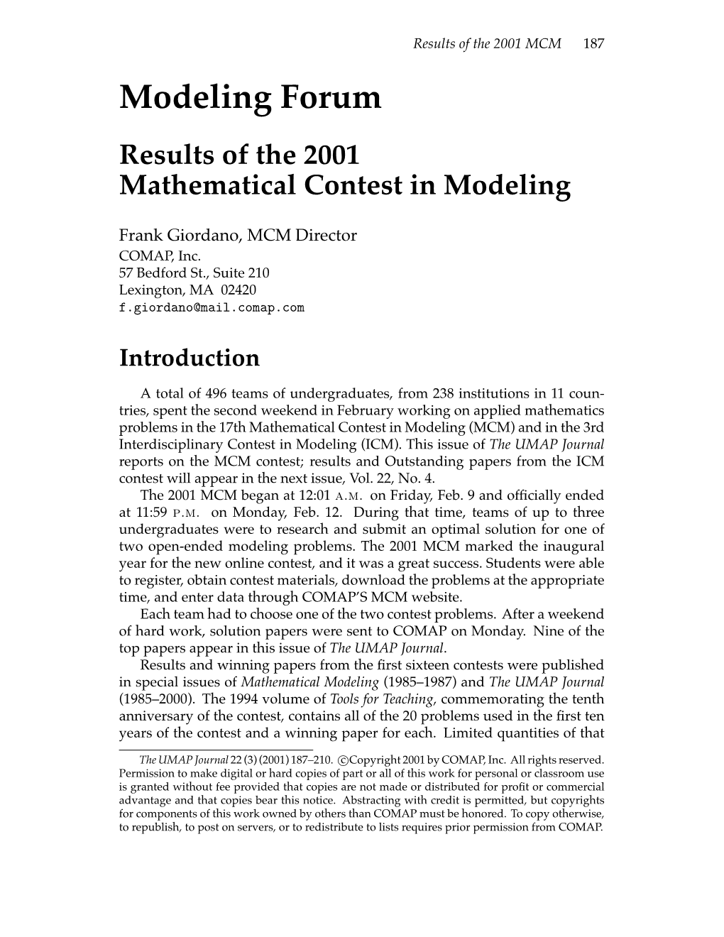 Modeling Forum Results of the 2001 Mathematical Contest in Modeling