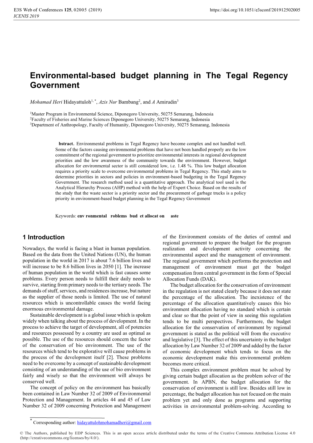 Environmental-Based Budget Planning in the Tegal Regency Government