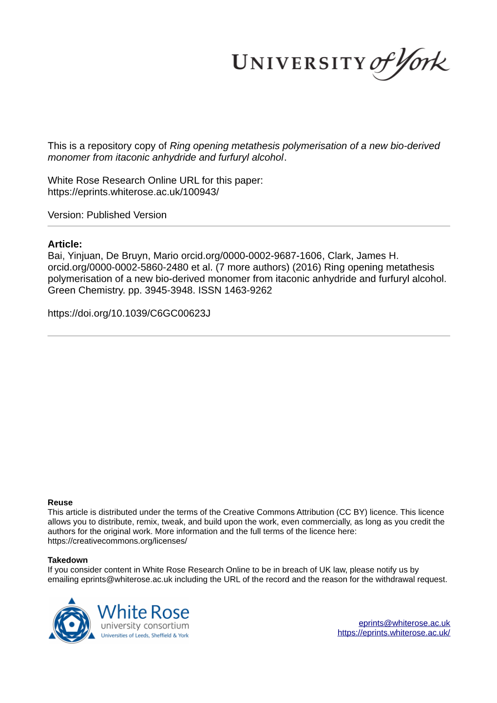 Ring Opening Metathesis Polymerisation of a New Bio-Derived Monomer from Itaconic Anhydride and Furfuryl Alcohol