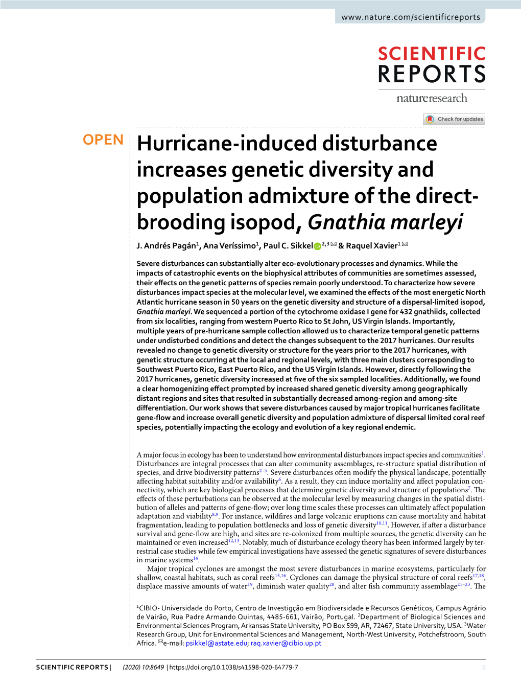 Hurricane-Induced Disturbance Increases Genetic Diversity and Population Admixture of the Direct-Brooding Isopod, Gnathia Marley