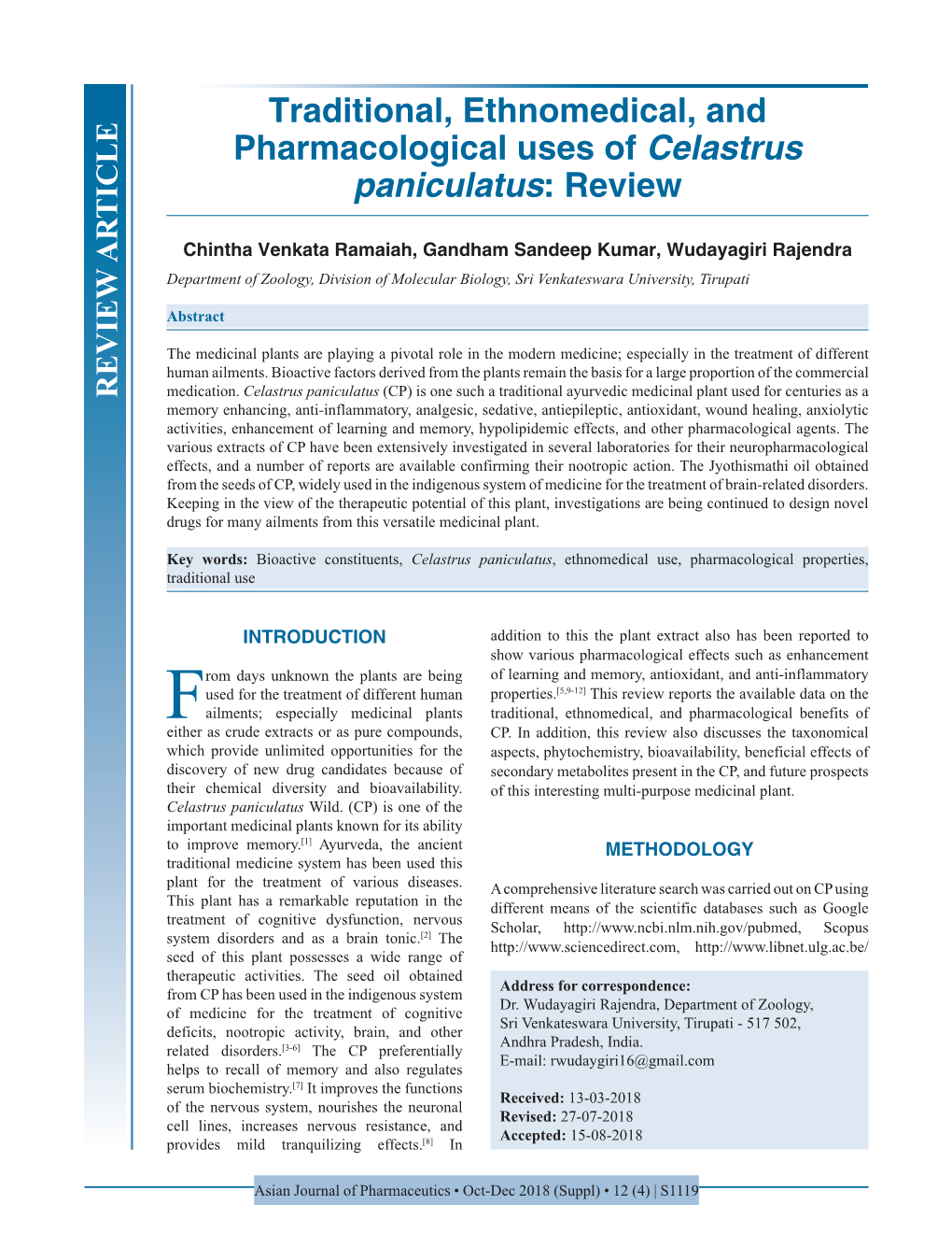 Traditional, Ethnomedical, and Pharmacological Uses of Celastrus Paniculatus: Review