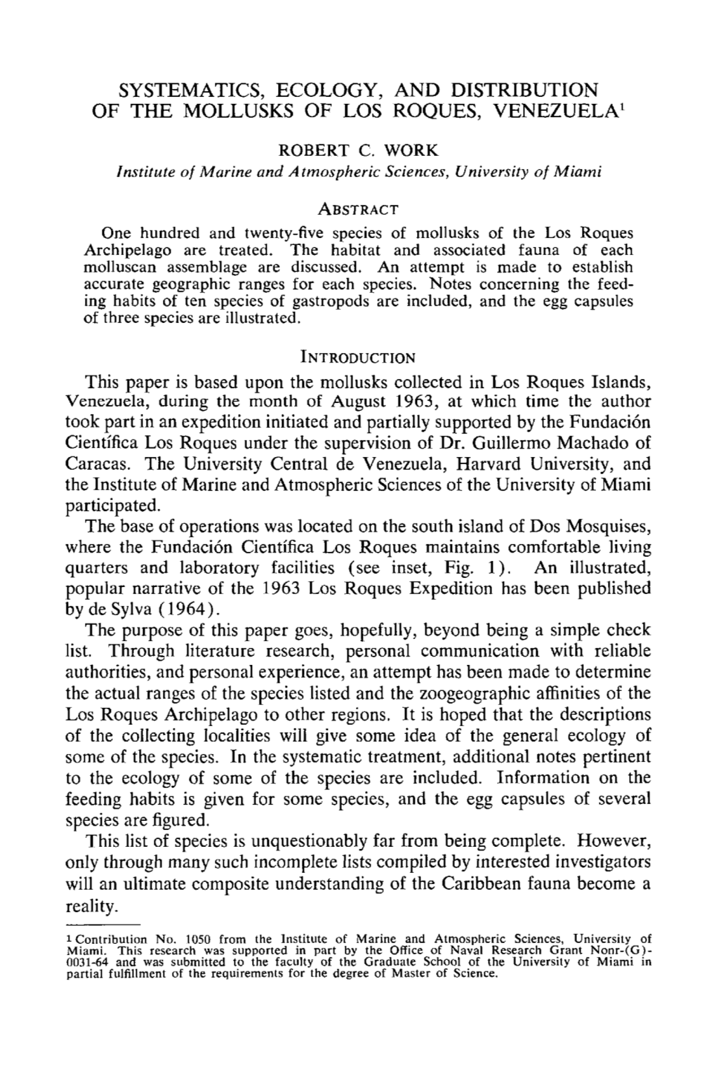 Systematics, Ecology, and Distribution of the Mollusks of Los Roques, Venezueln