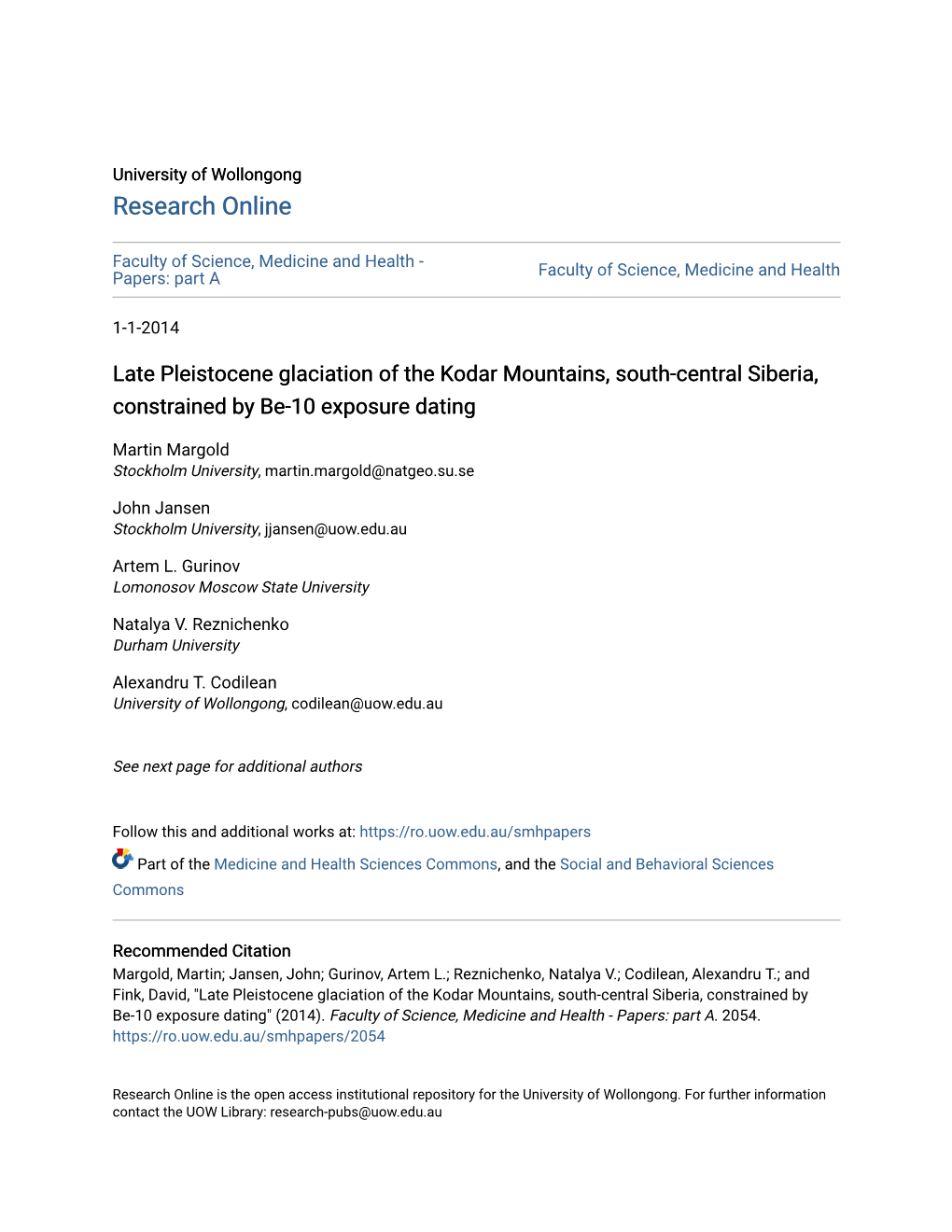 Late Pleistocene Glaciation of the Kodar Mountains, South-Central Siberia, Constrained by Be-10 Exposure Dating