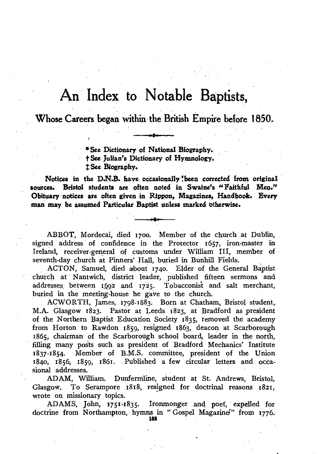 An· Index to Notable Baptists, Whose Careers Began Within·The British Empire Before 1850