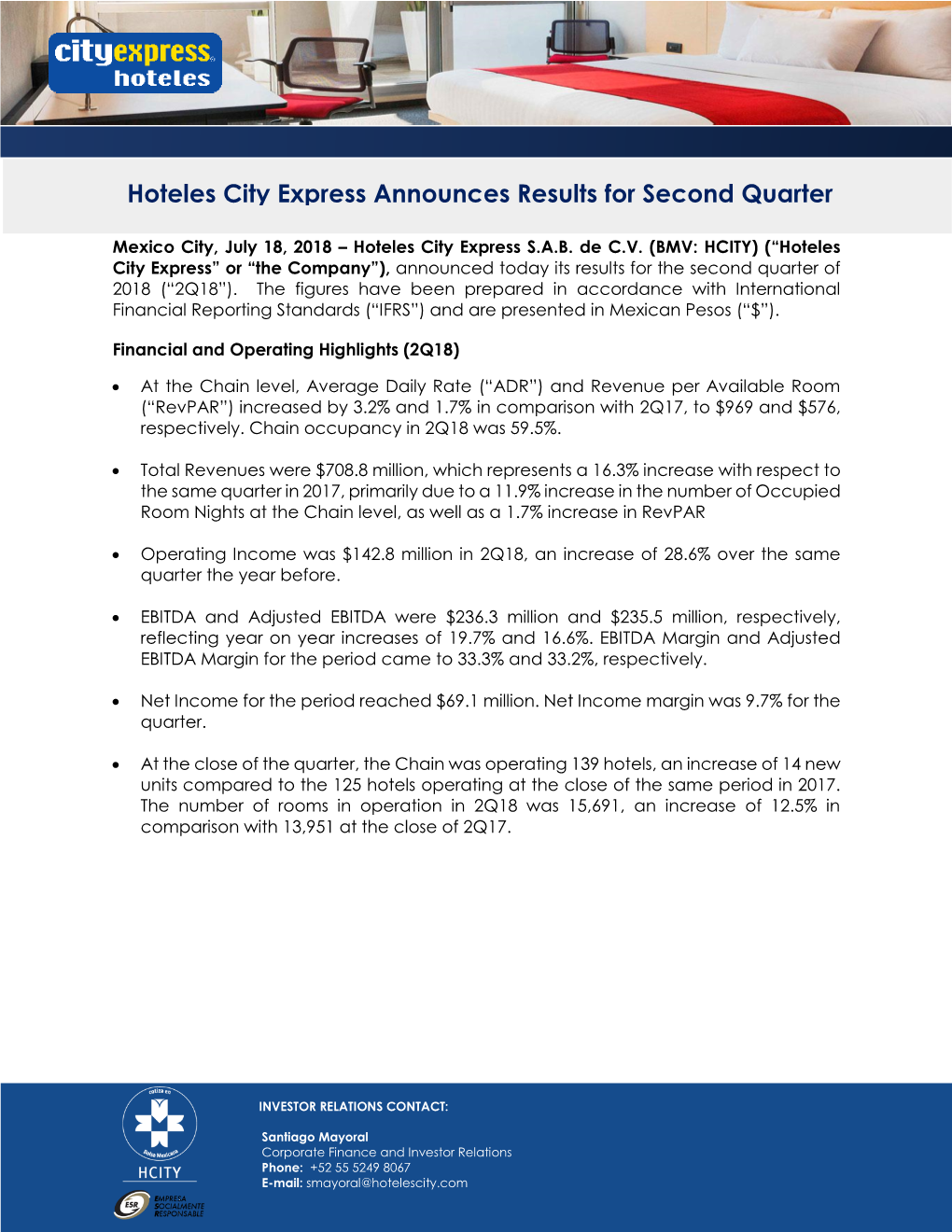 Hoteles City Express Announces Results for Second Quarter 2018