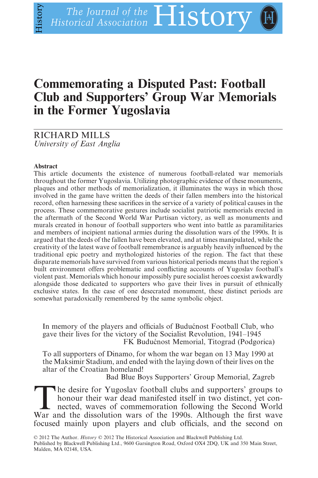 Football Club and Supporters' Group War Memorials in The