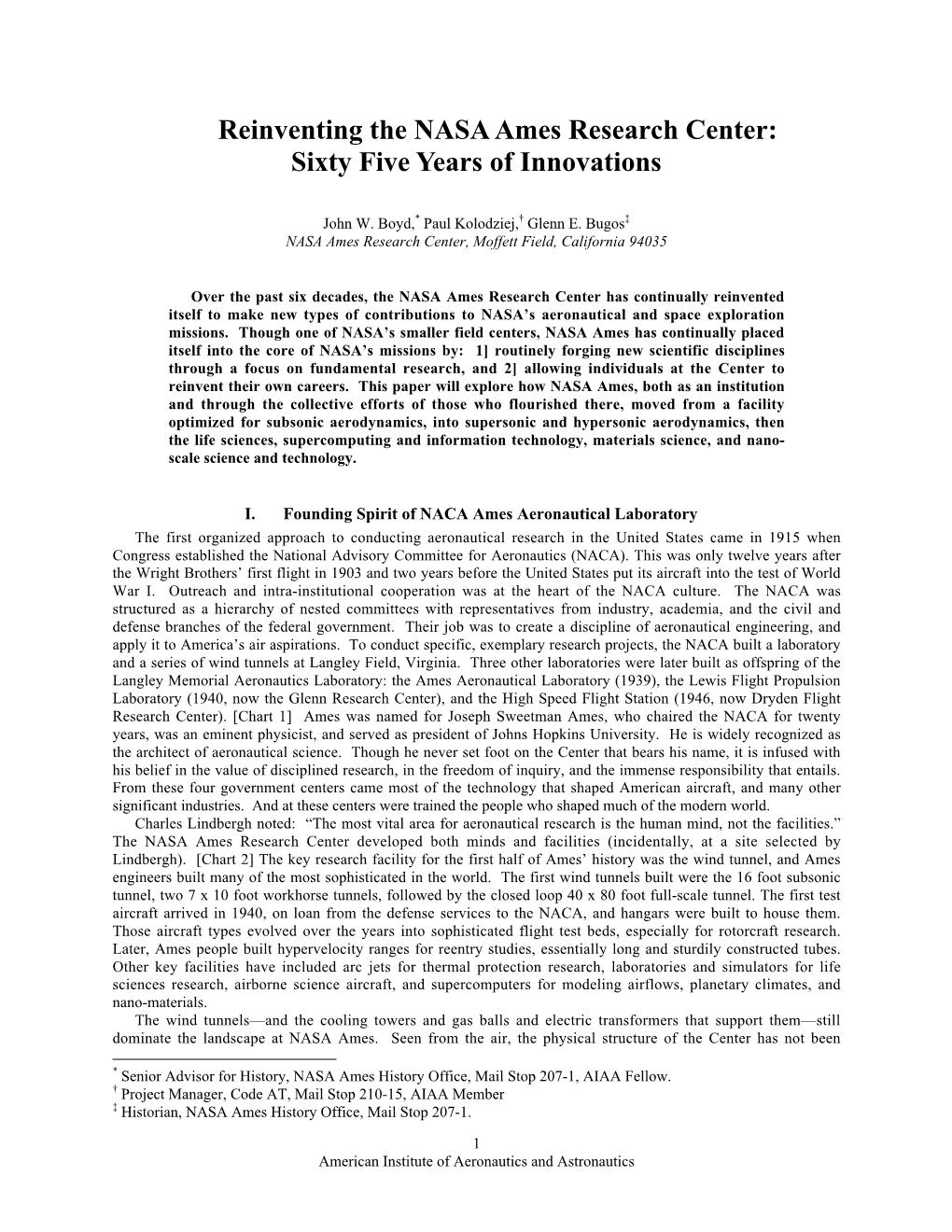 Reinventing the NASA Ames Research Center: Sixty Five Years of Innovations