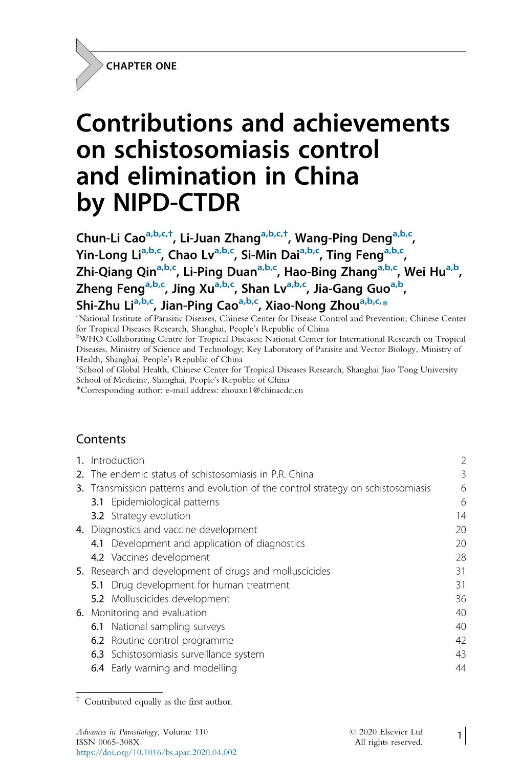 Contributions and Achievements on Schistosomiasis Control and Elimination in China by NIPD-CTDR