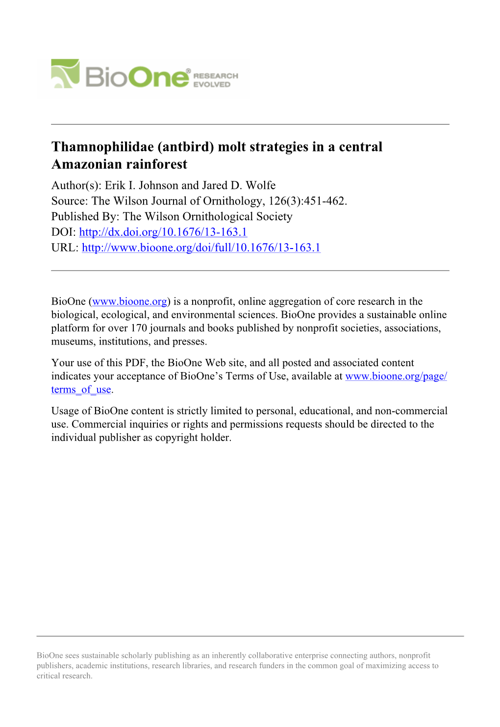 Thamnophilidae (Antbird) Molt Strategies in a Central Amazonian Rainforest Author(S): Erik I