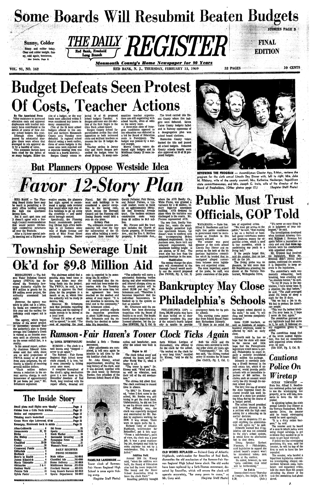 13, 1969 32 PAGES 10 CENTS Budget Defeats Seen Protest of Costs, Teacher by the Associated Press Size of a Budget, Or the Way Jected