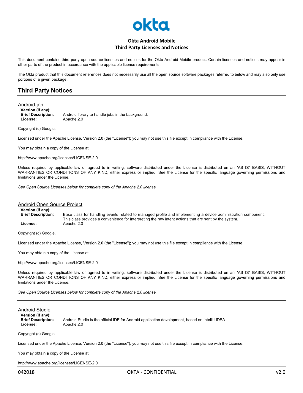 Okta Android Mobile Third Party Licenses and Notices 042018 OKTA