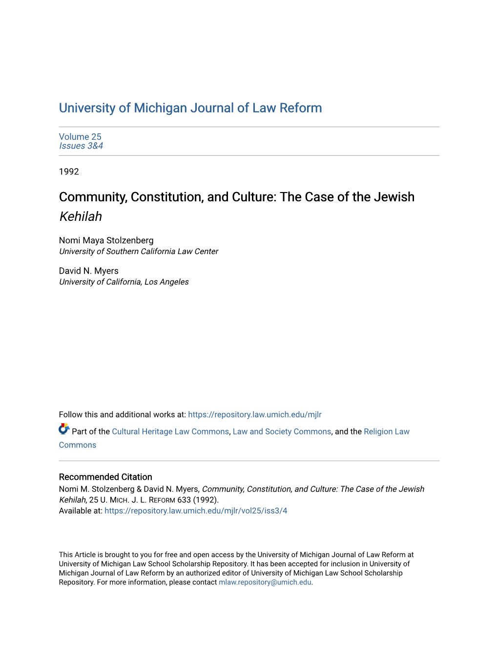 Community, Constitution, and Culture: the Case of the Jewish Kehilah