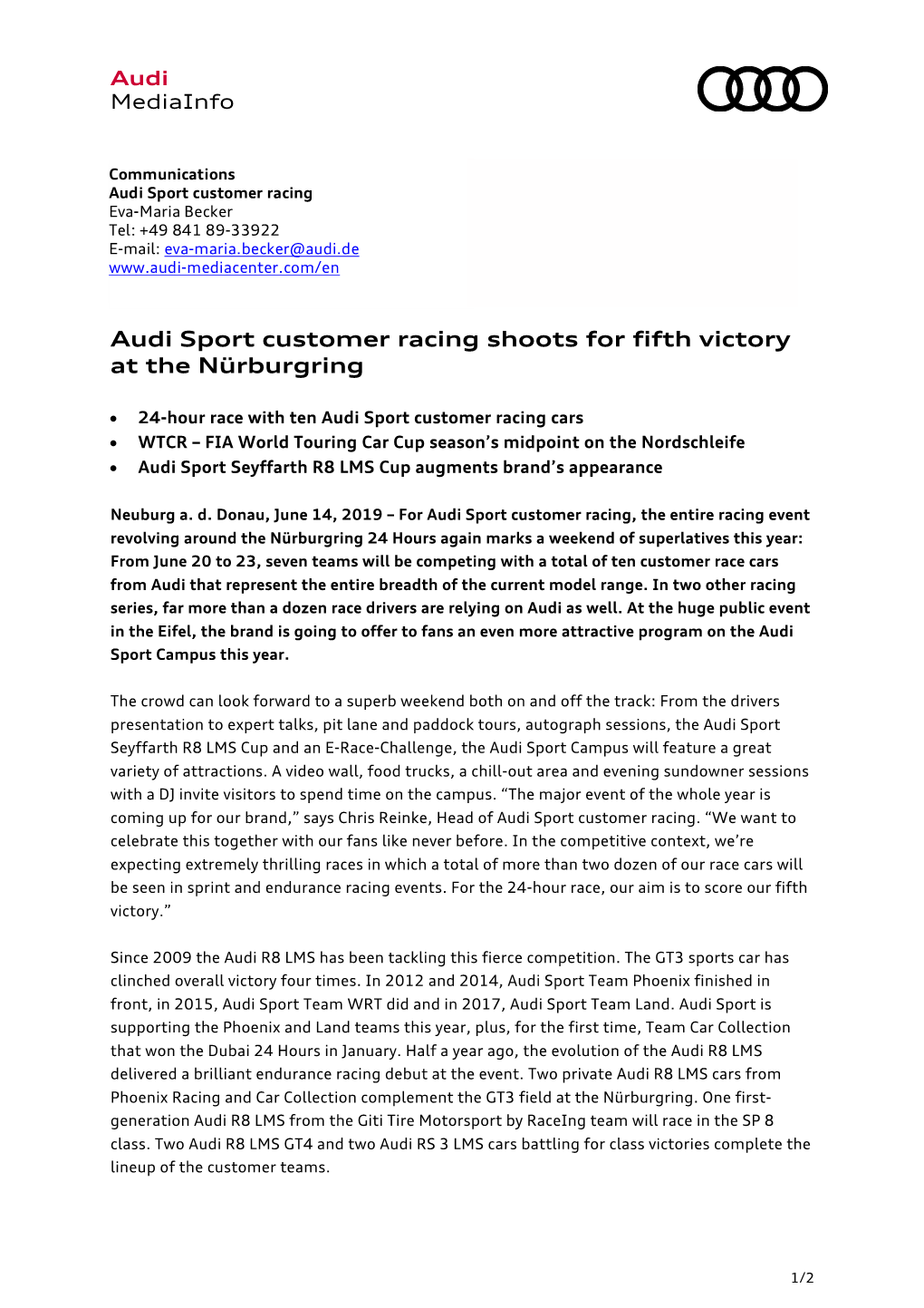 Audi Sport Customer Racing Shoots for Fifth Victory at the Nürburgring