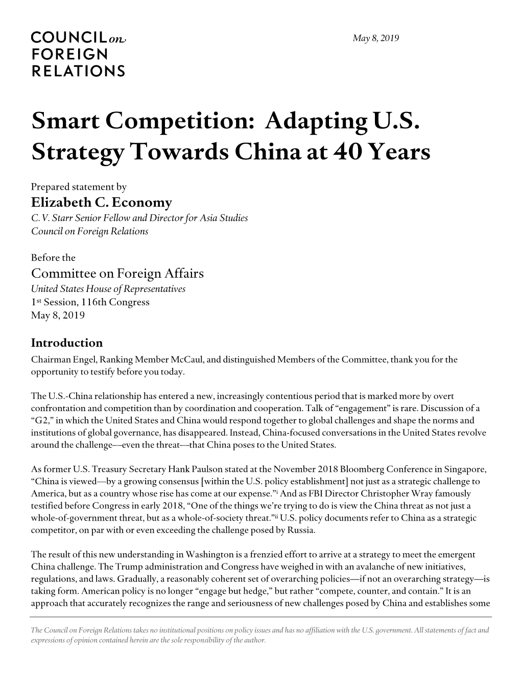 Smart Competition: Adapting U.S. Strategy Towards China at 40 Years