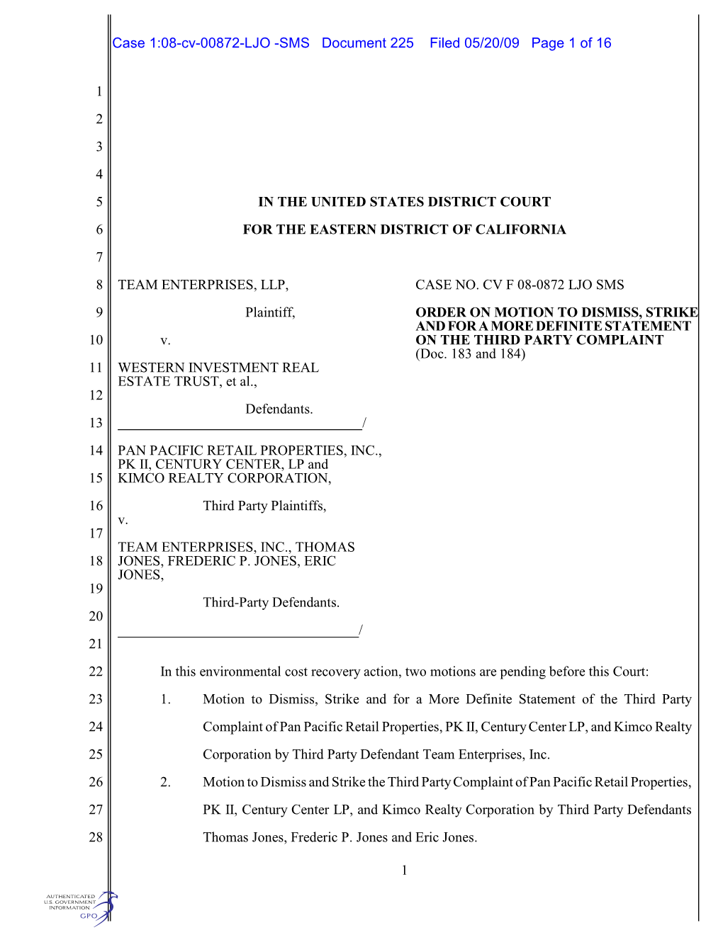 Case 1:08-Cv-00872-LJO -SMS Document 225 Filed 05/20/09 Page 1 of 16