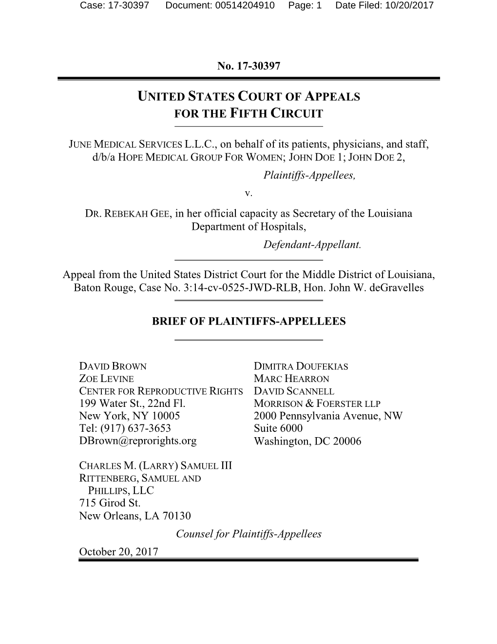 No. 17-30397 UNITED STATES COURT of APPEALS for THE