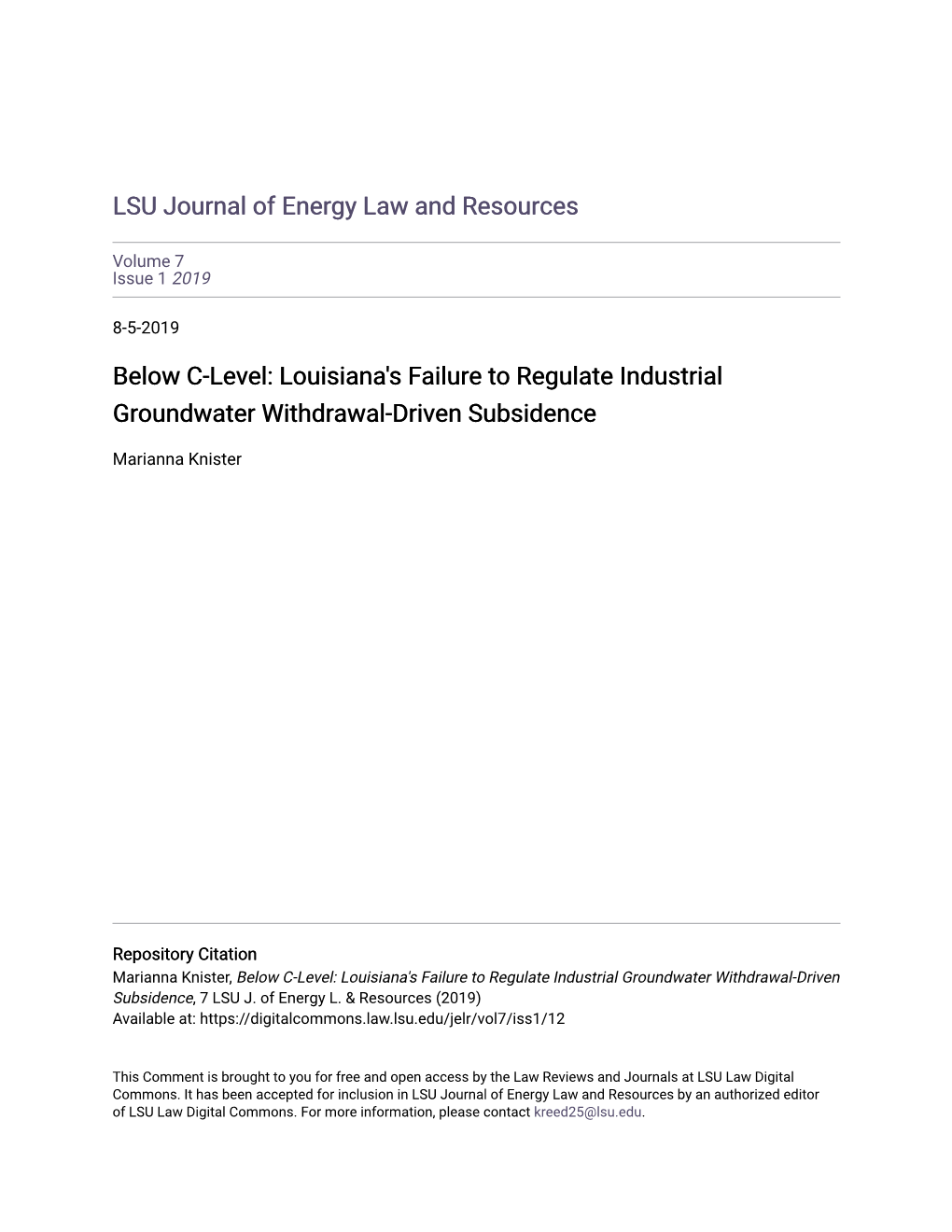 Louisiana's Failure to Regulate Industrial Groundwater Withdrawal-Driven Subsidence