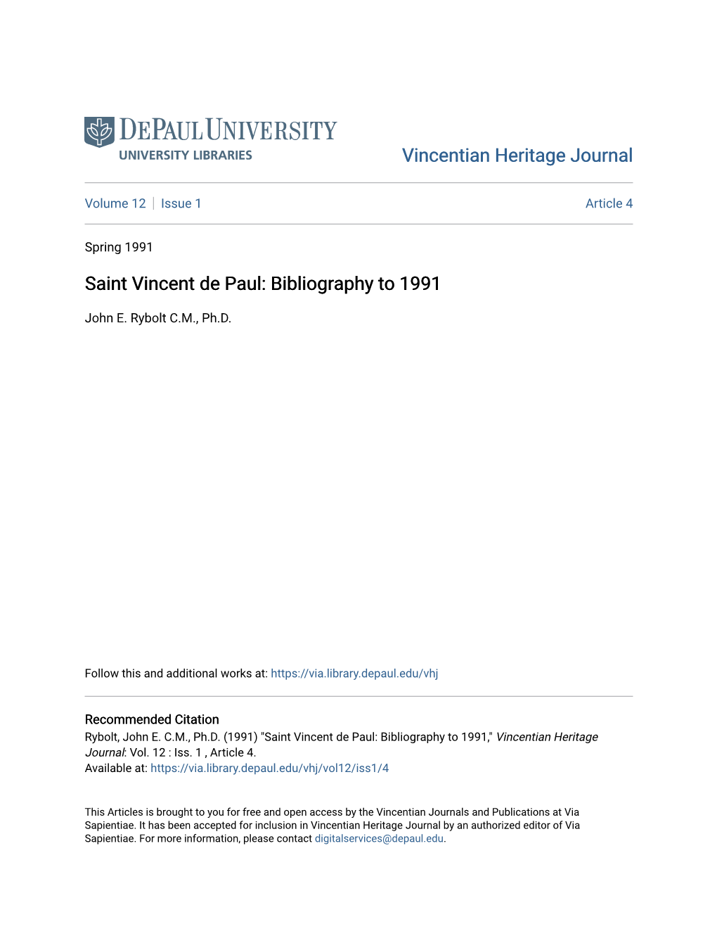 Saint Vincent De Paul: Bibliography to 1991