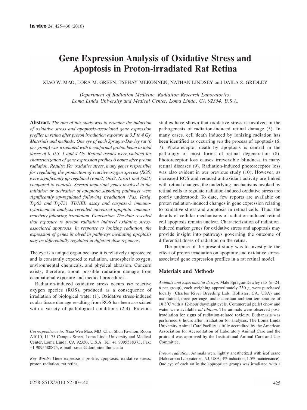 Gene Expression Analysis of Oxidative Stress and Apoptosis in Proton-Irradiated Rat Retina