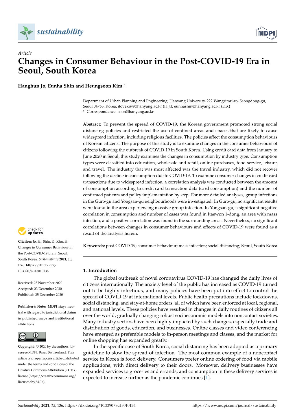 Changes in Consumer Behaviour in the Post-COVID-19 Era in Seoul, South Korea
