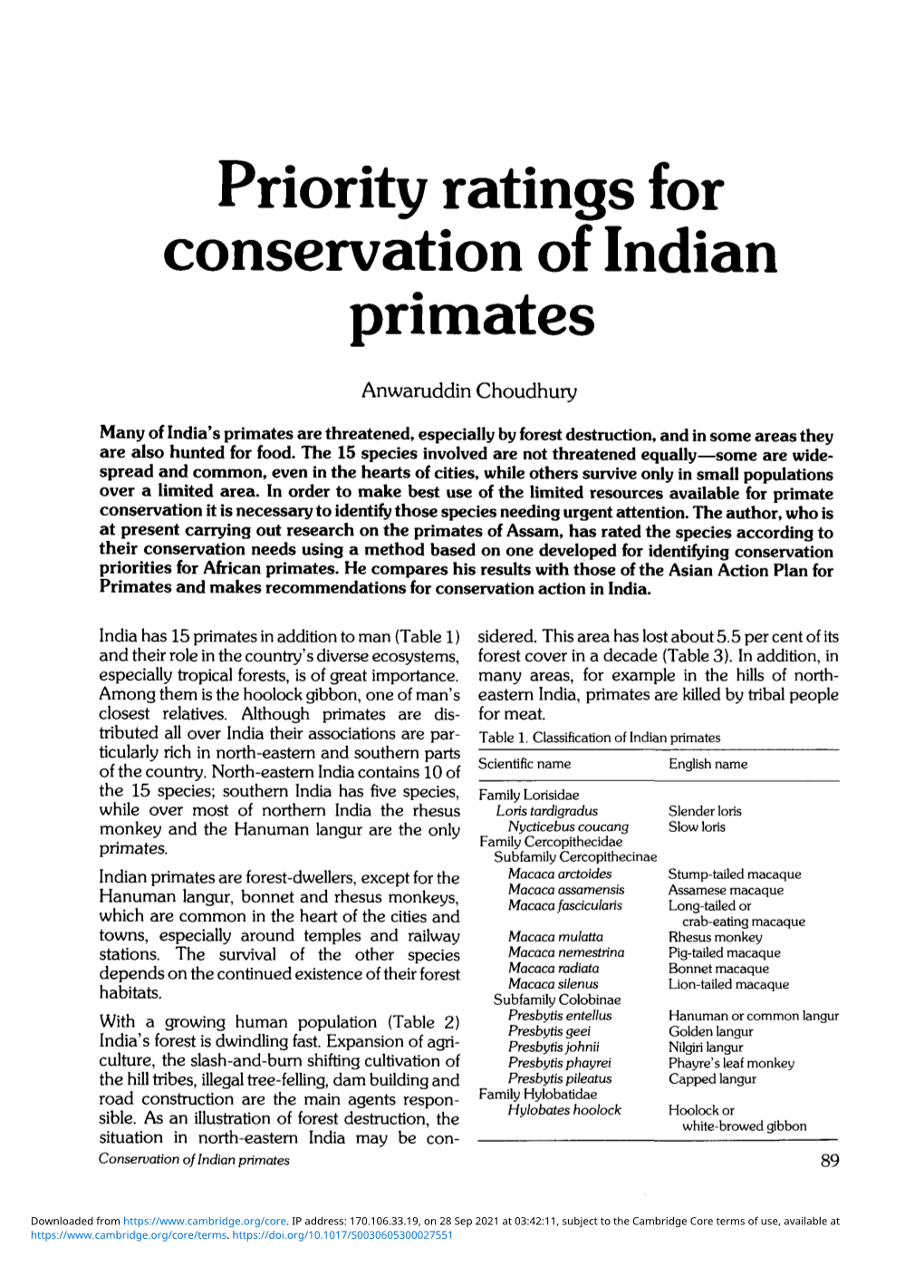 Priority Ratings for Conservation of Indian Primates