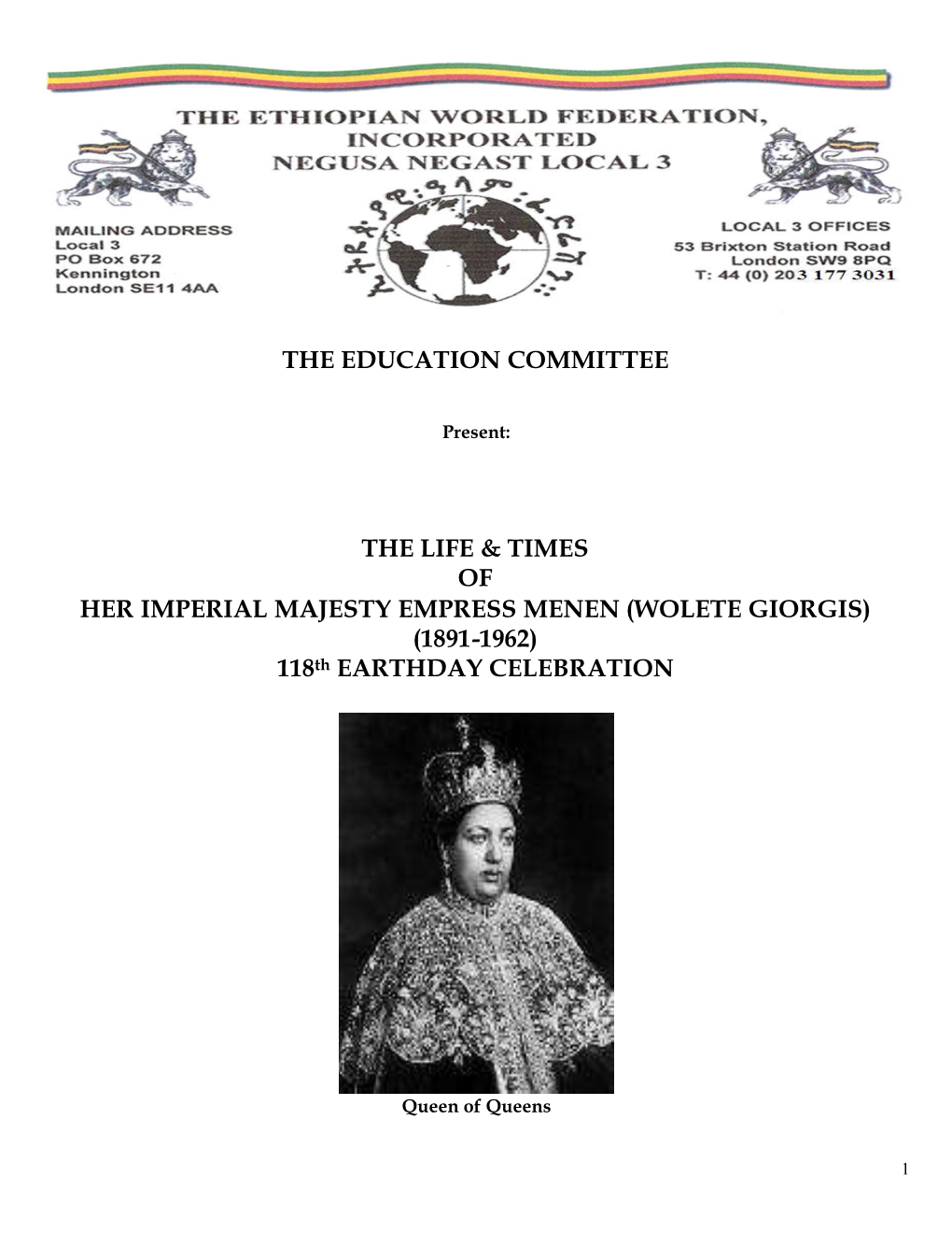 The Life & Times of Her Imperial Majesty Empress Menen (Wolete Giorgis)