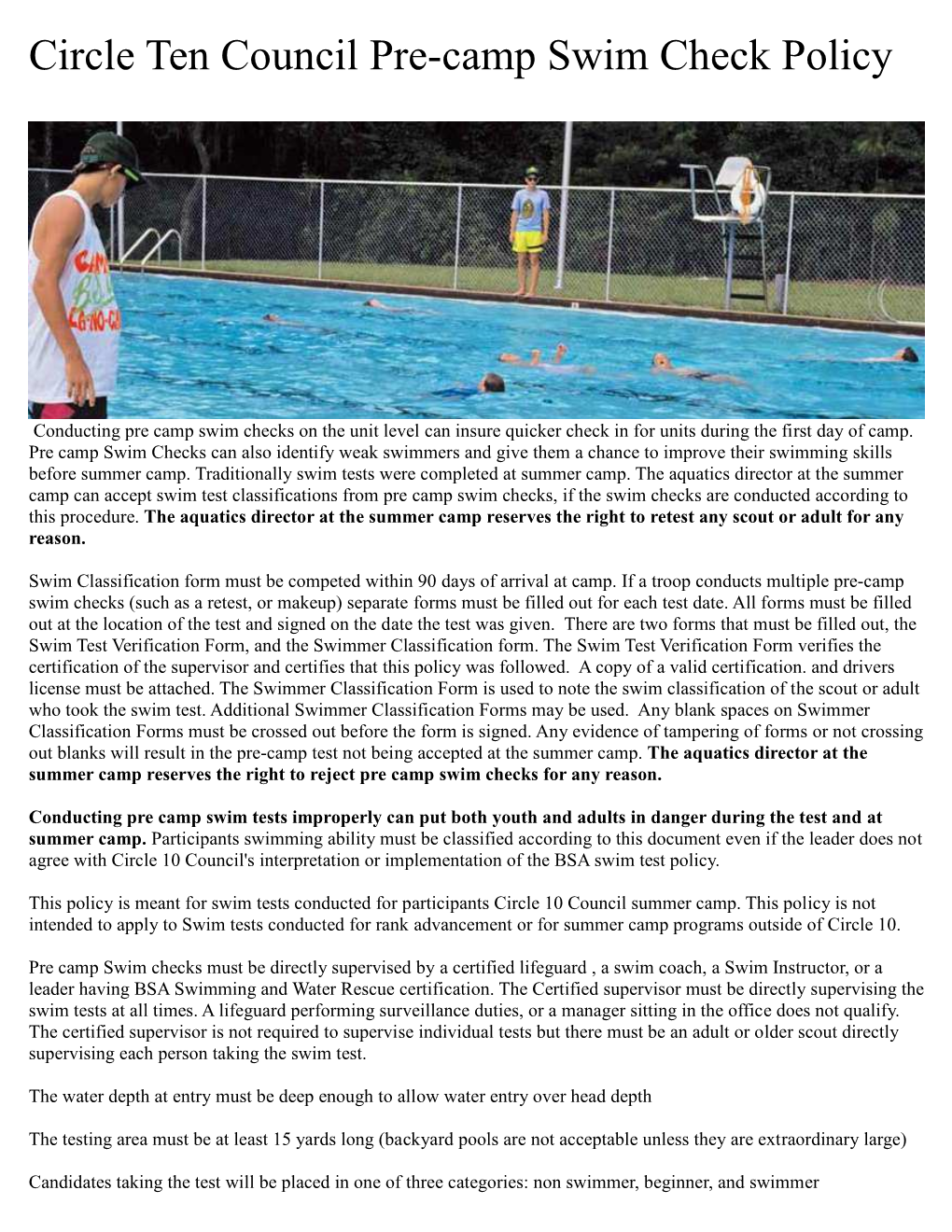 Circle Ten Council Pre-Camp Swim Check Policy