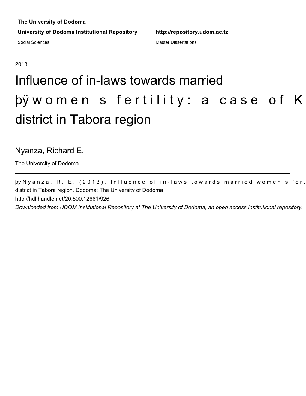 Influence of In-Laws Towards Married Þÿwomen Sfertility:Acaseofkaliua District in Tabora Region