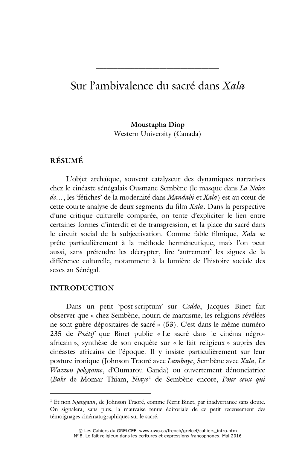 Sur L'ambivalence Du Sacré Dans Xala