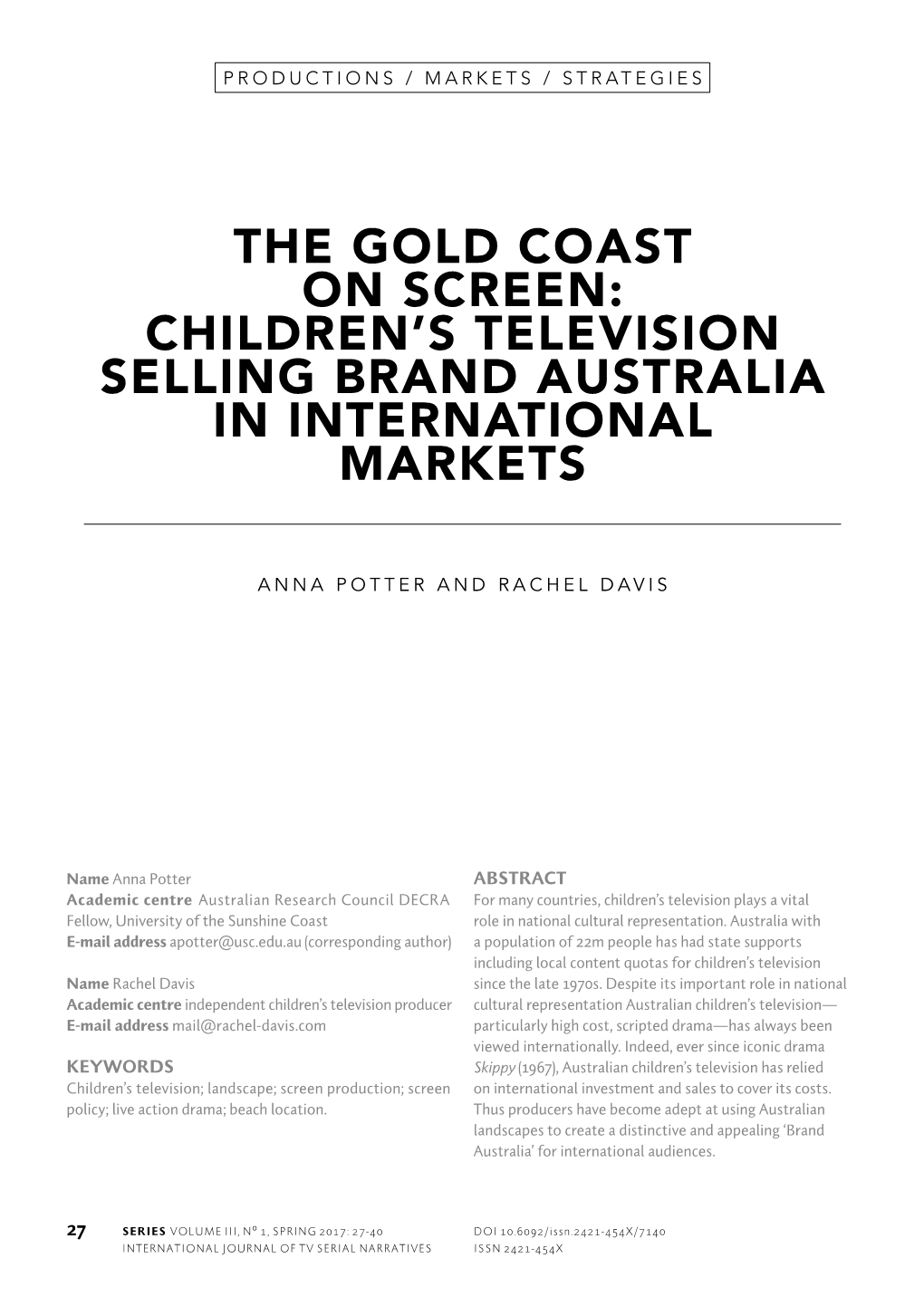 The Gold Coast on Screen: Children's Television Selling Brand Australia In