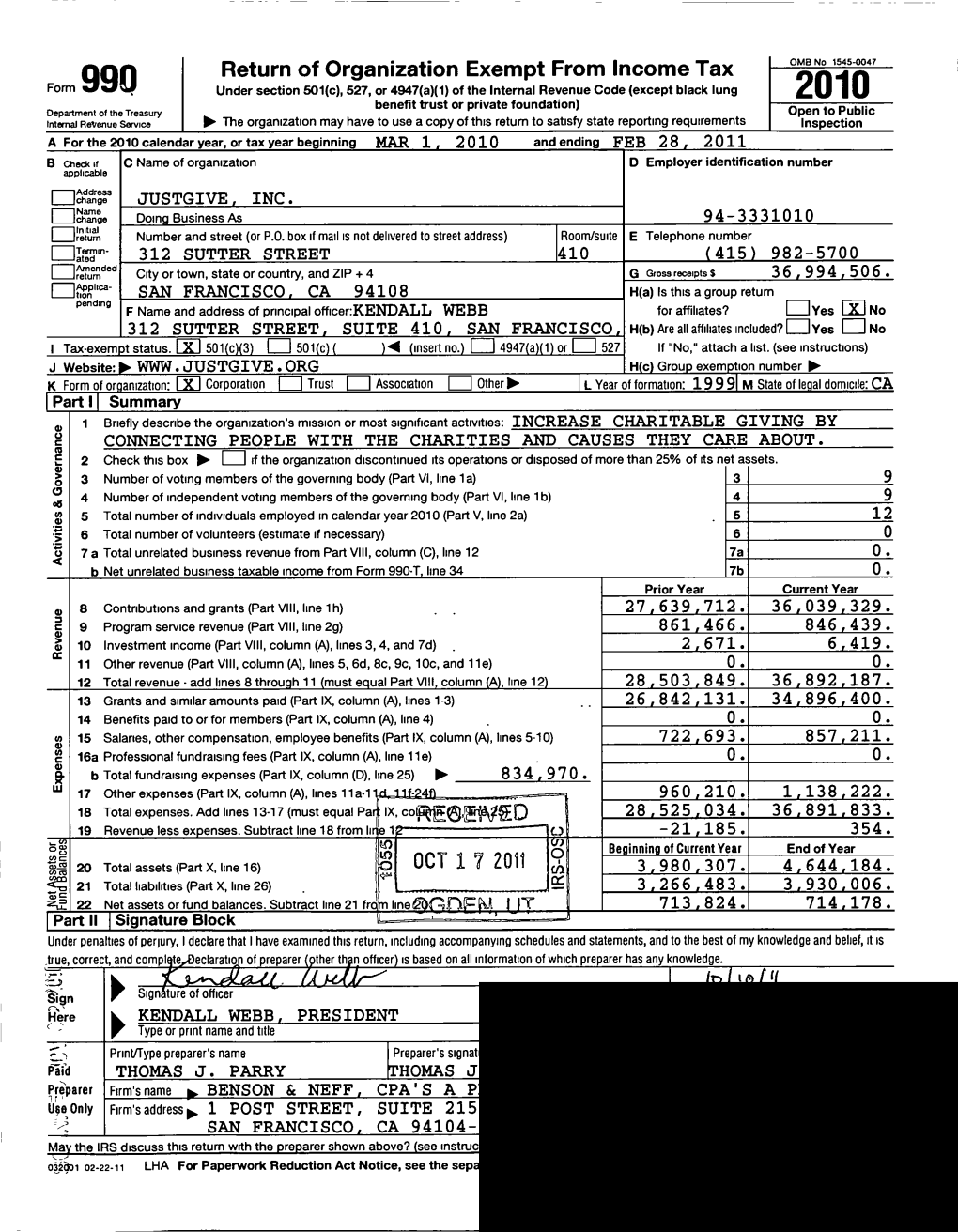 Form 990 Return of Organization Exempt from Income Tax OCT 17