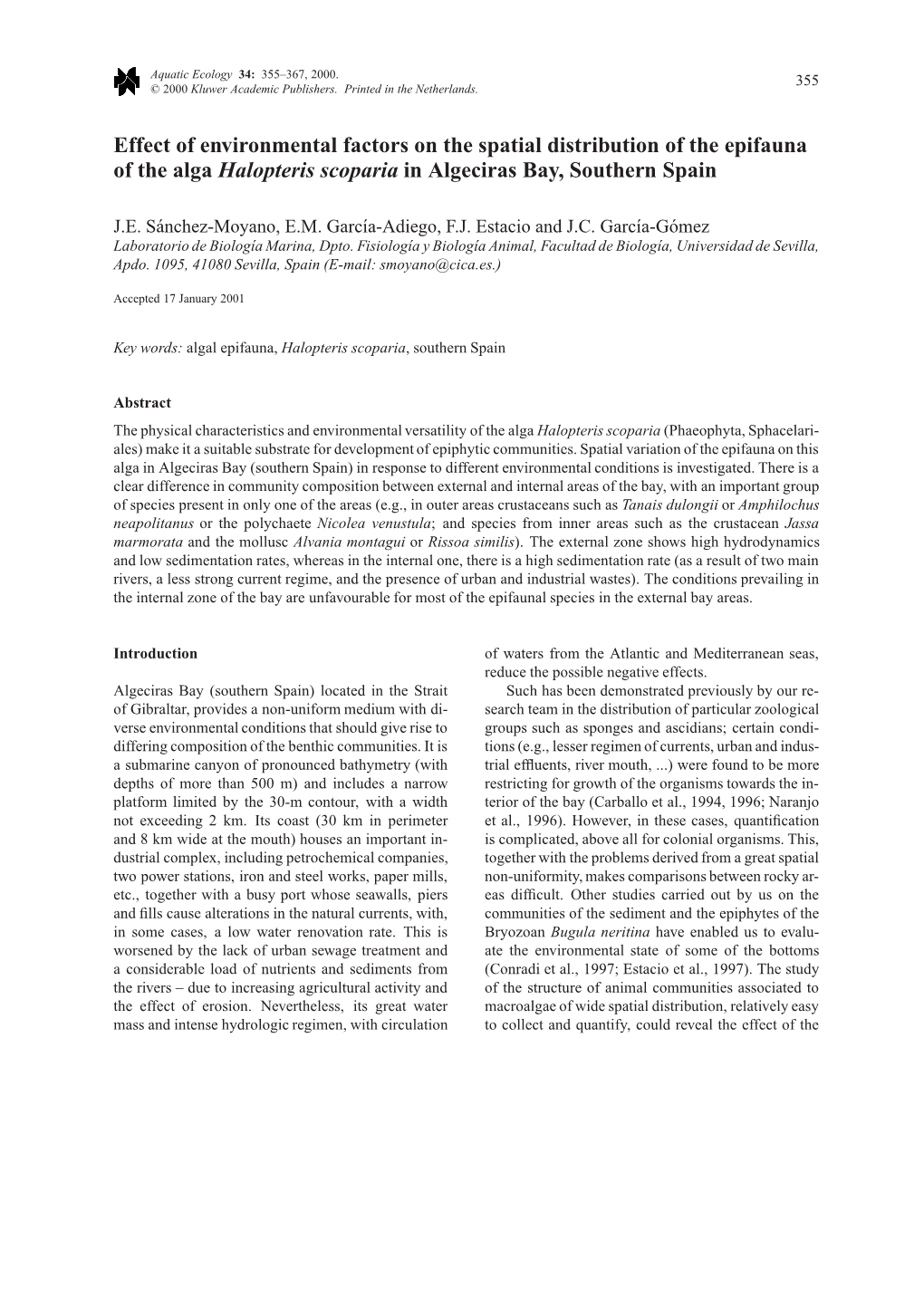 Effect of Environmental Factors on the Spatial Distribution of the Epifauna of the Alga Halopteris Scoparia in Algeciras Bay, Southern Spain