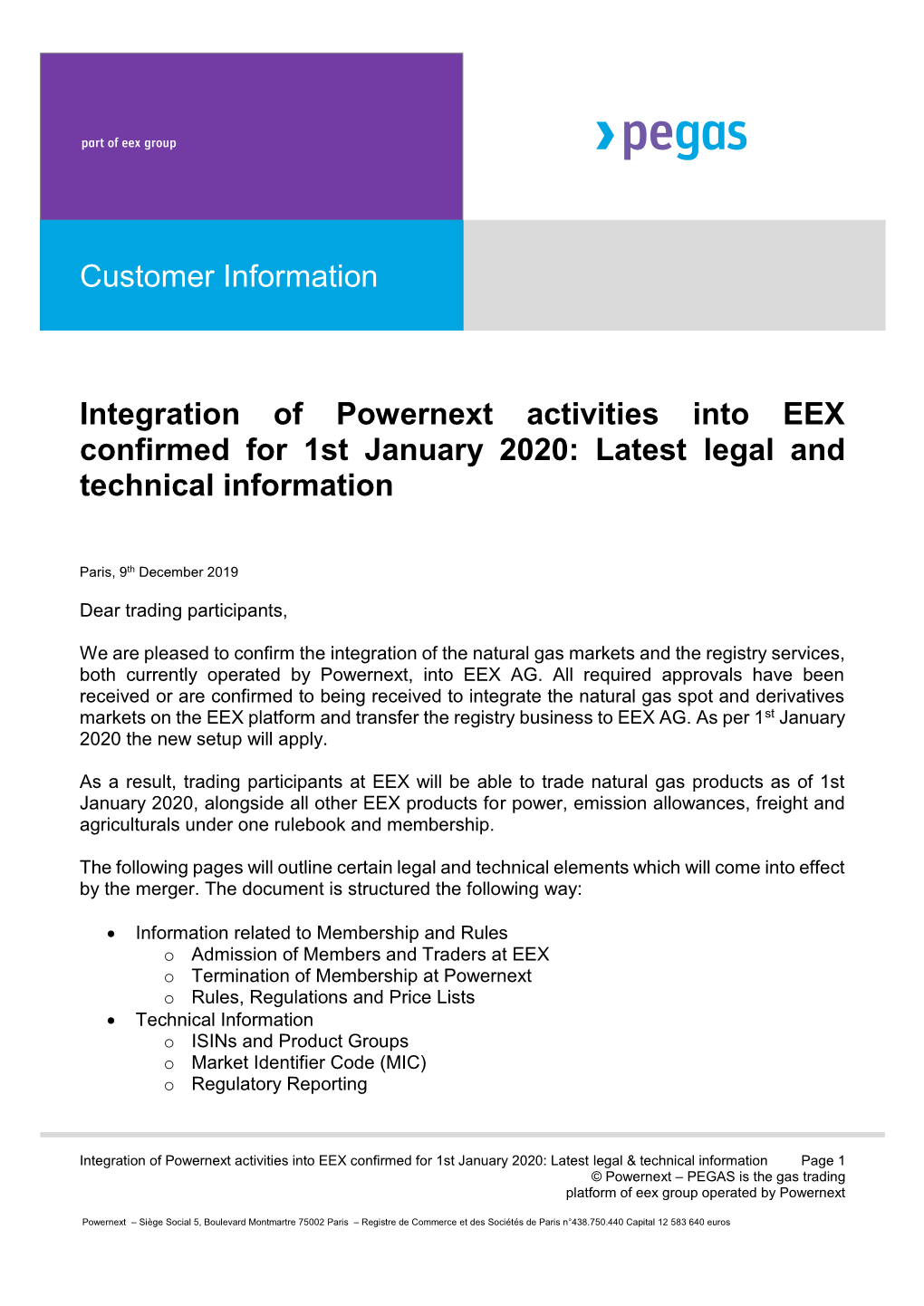 Integration of Powernext Activities Into EEX Confirmed for 1St January 2020: Latest Legal and Technical Information