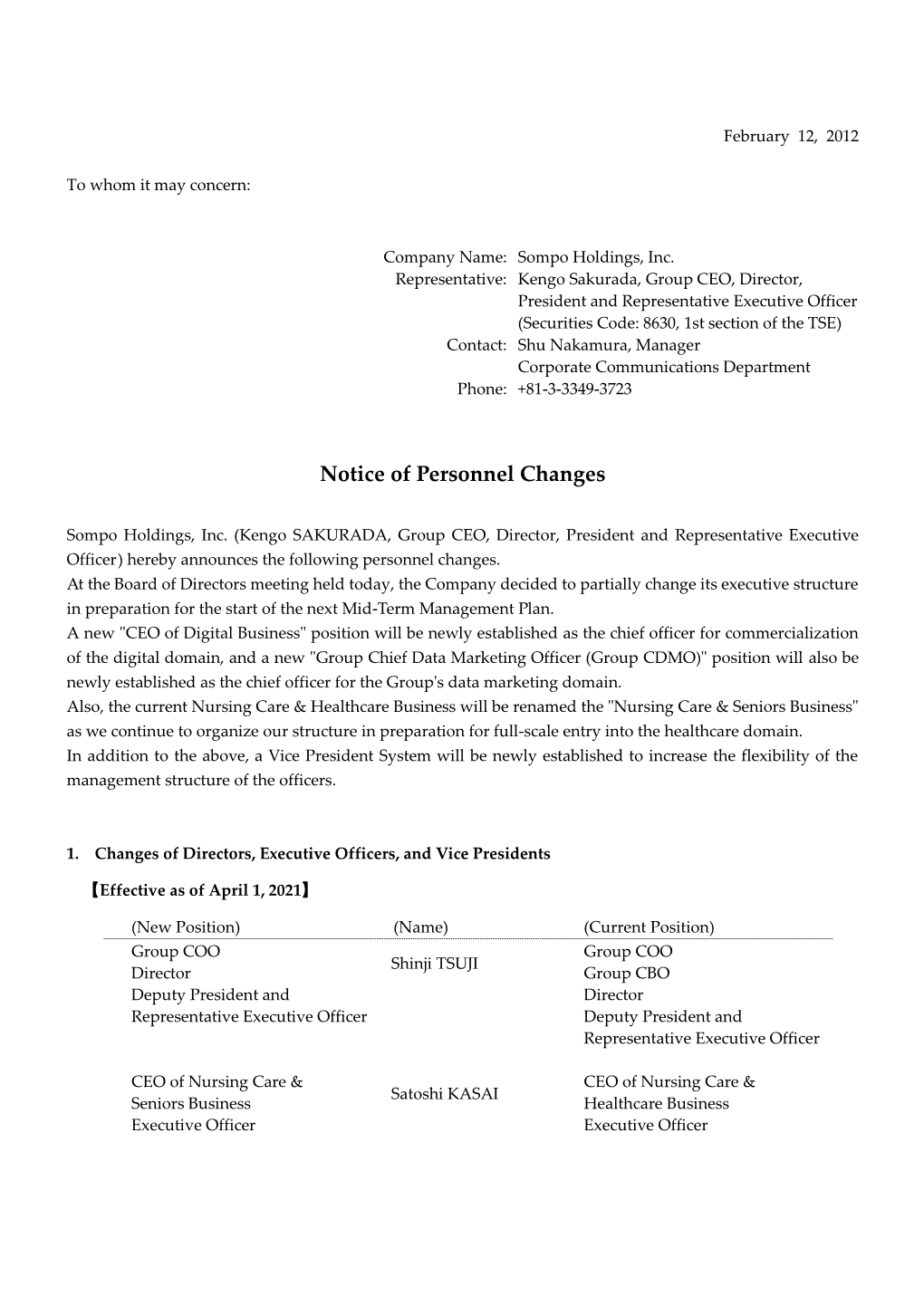 Notice of Personnel Changes Somo Holdings,Inc